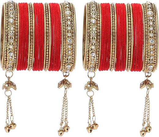 ZENEME Gold-Plated Matte Finish Velvet American Diamond Studded Gold Pearl Tasselled Bangles Set Of 56 For Girls and Women