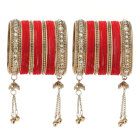 ZENEME Gold-Plated Matte Finish Velvet American Diamond Studded Gold Pearl Tasselled Bangles Set Of 56 For Girls and Women