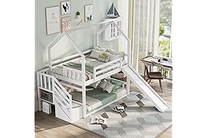 Twin Over Twin Wooden House Bunk Bed with Slide, Convertible Roof & Stairs - White