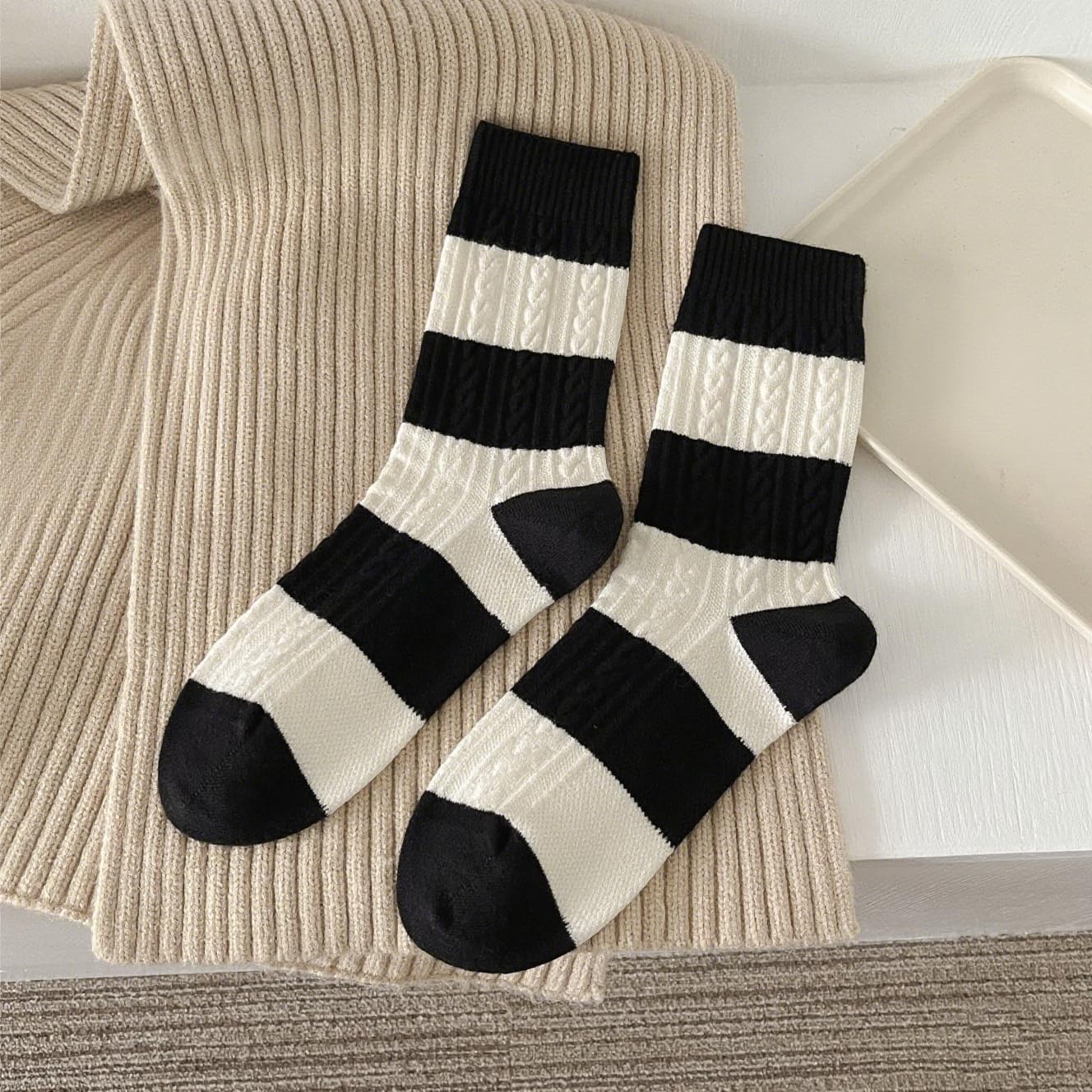 Women's Wool Blend Mid-Calf Socks 2 /4Pairs - Winter Boot Socks Set, Vintage Striped Cable Knit, Cozy Warm & Soft - Image 9