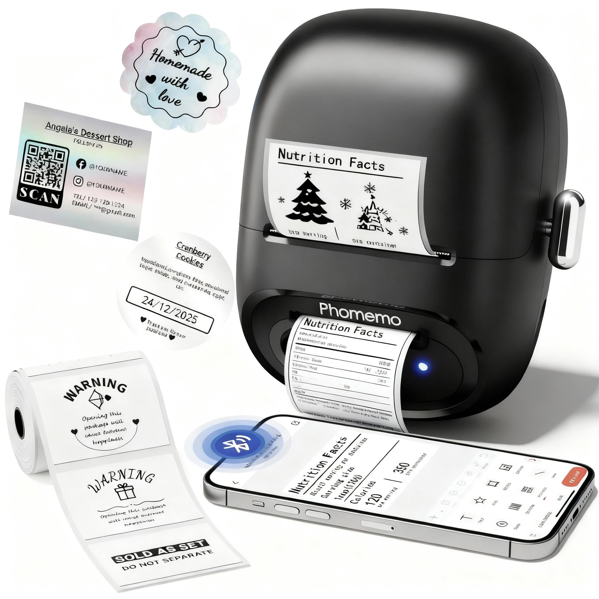 Phomemo M160 Etikettendrucker Bluetooth Etikettendrucker Selbstklebend Thermo Beschriftungsgerät,Tragbarer Label Printer für Barcode,Einzelhandel,Büro,Kompatibel mit Telefonen und PC-System - Schwarz