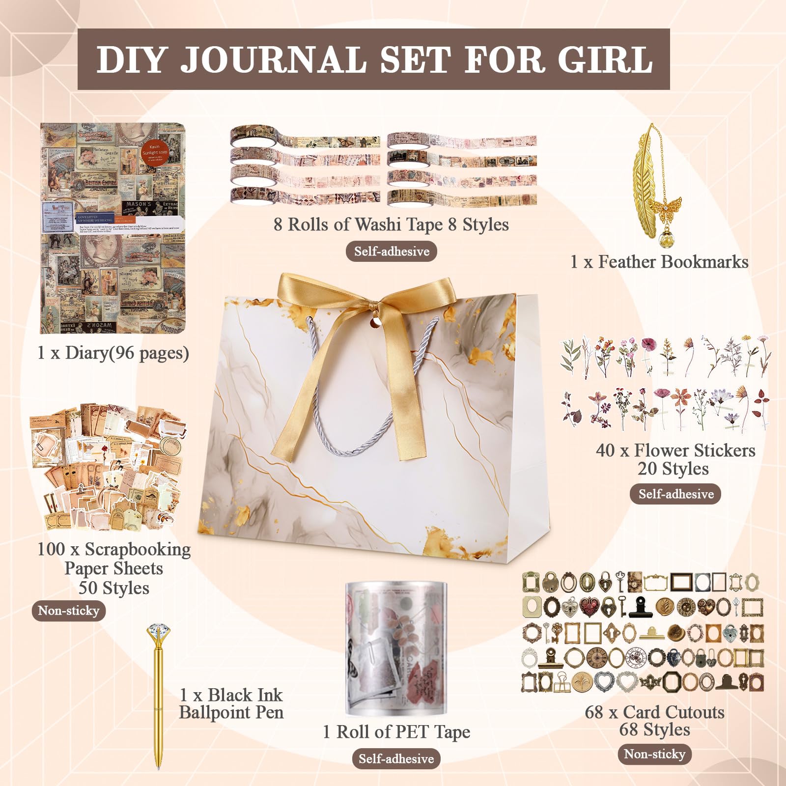 Kit de scrapbooking avec journal à faire soi-même avec serrure - Fournitures d'art et d'artisanat pour anniversaire, vacances, cadeau idéal pour femmes et adolescentes (marron, rétro)