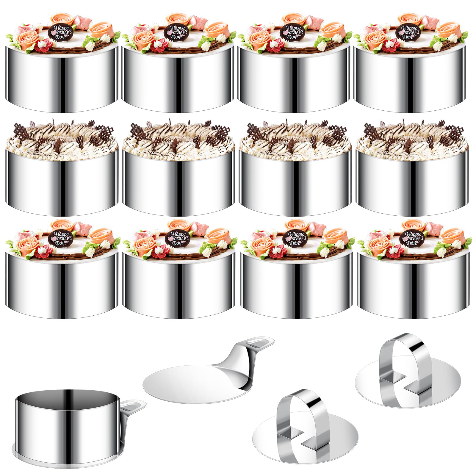 Milai Set 8 Coppapasta Tondi In Acciaio Inox – 8 Cm Diametro – Con Pressini – Per Torte, Mousse E Dessert - 2