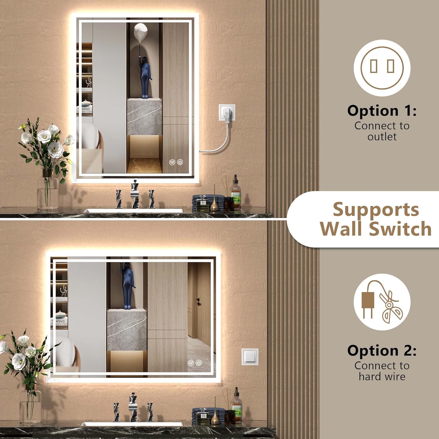 24x32 LED Backlit Mirror Bathroom Vanity with Lights,Anti-Fog,Dimmable Brightness,Water Proof, Lighted Vanity Mirror with Lights Wall Mounted Led Mirror for Bathroom Horizontal/Vertical