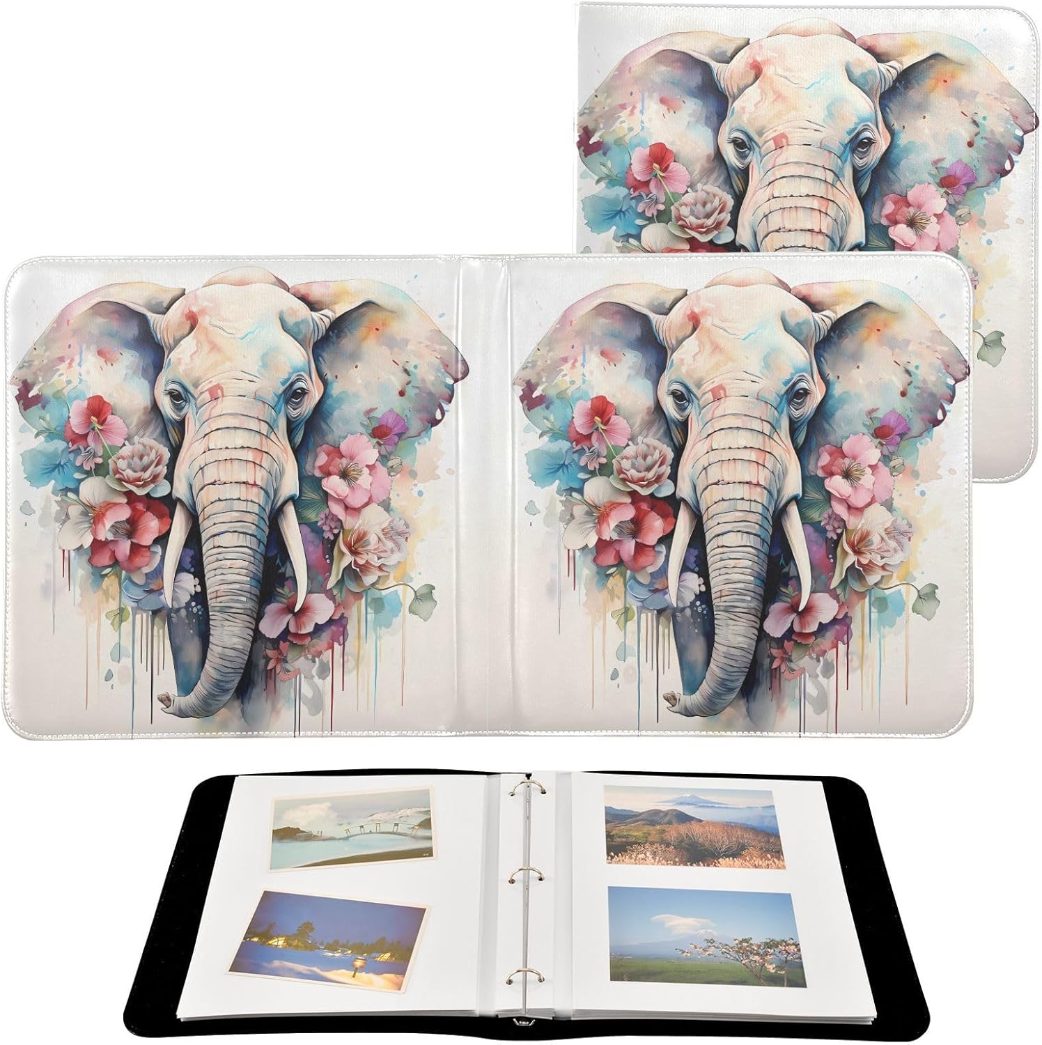 JIPONI Floral Elephant Large Photo Album, DIY Leather Cover Scrapbook Albums for 4x6 5x7 6x8 Pictures, Self Adhesive Memory Book for Wedding, Baby, Family