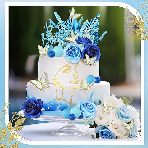 Miniatura 19 de MTLEE 51 piezas de decoración bohemia rosa para tartas de oro rosa, decoración de flores de pastel de feliz cumpleaños, decoración de pastel