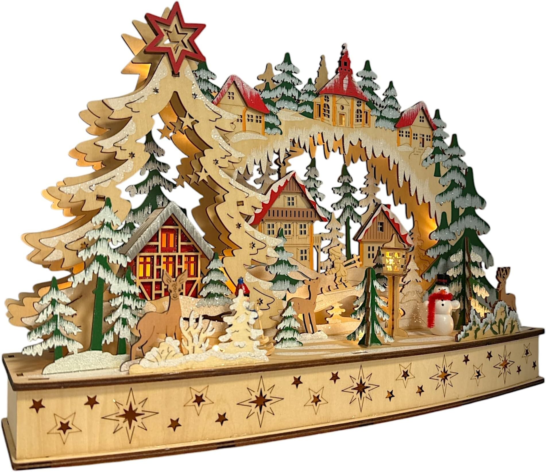 SIKORA LB63s Kleiner Schwibbogen Aus Holz Beleuchteter LED Lichterbogen Deko Weihnachten Motiv Dorfkirche Mit Häusern Breite 27cm