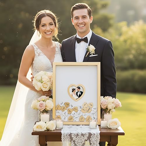 Miniatura 6 de Libro de invitados de boda dorado alternativo para recepción con corazones de madera, un marco, decoración de libros, recuerdos para boda, ideas de