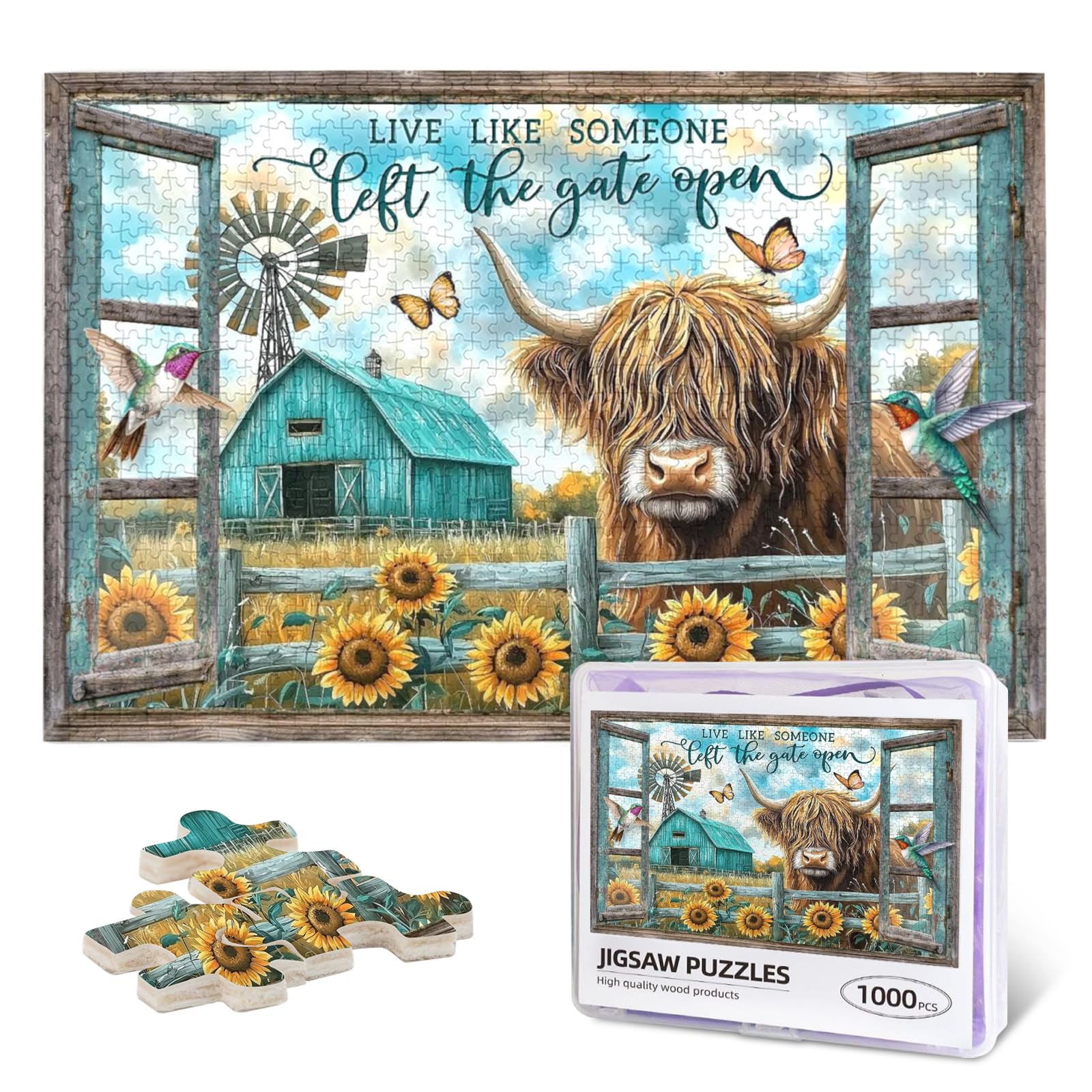 1000 Piece Wooden Jigsaw Puzzle for Adults - Funny Highland Cow Landscape with Live Like Someone Left The Gate Open Quote, Challenging Farm Theme Gift for Cow Lovers​