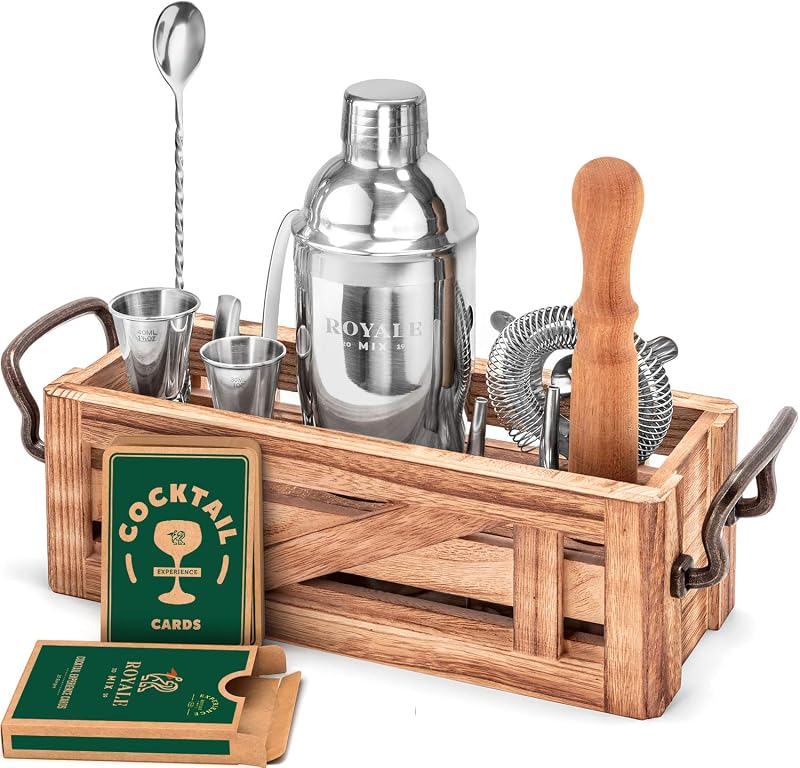 Kit de barman de mixología con soporte | Juego de bar casero con 25 recetas de cócteles para mezclar bebidas | Kit de bartending ideal para regalo de inauguración de la casa | Juego de coctelera Premium Martini con accesorios de herramientas de bar