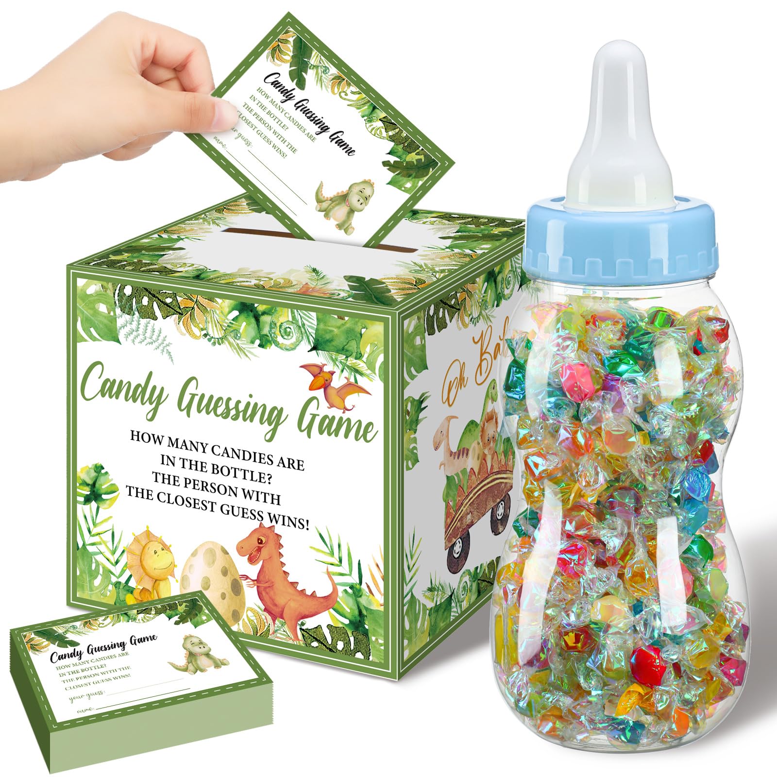 Glenmal 52 Pcs Baby Shower Games Gift Sets Large Baby Bottle for Shower Game Guess How Many Candies Baby Shower Decorations for Baby Shower favors Games Gender Reveal(Dinosaur Style)