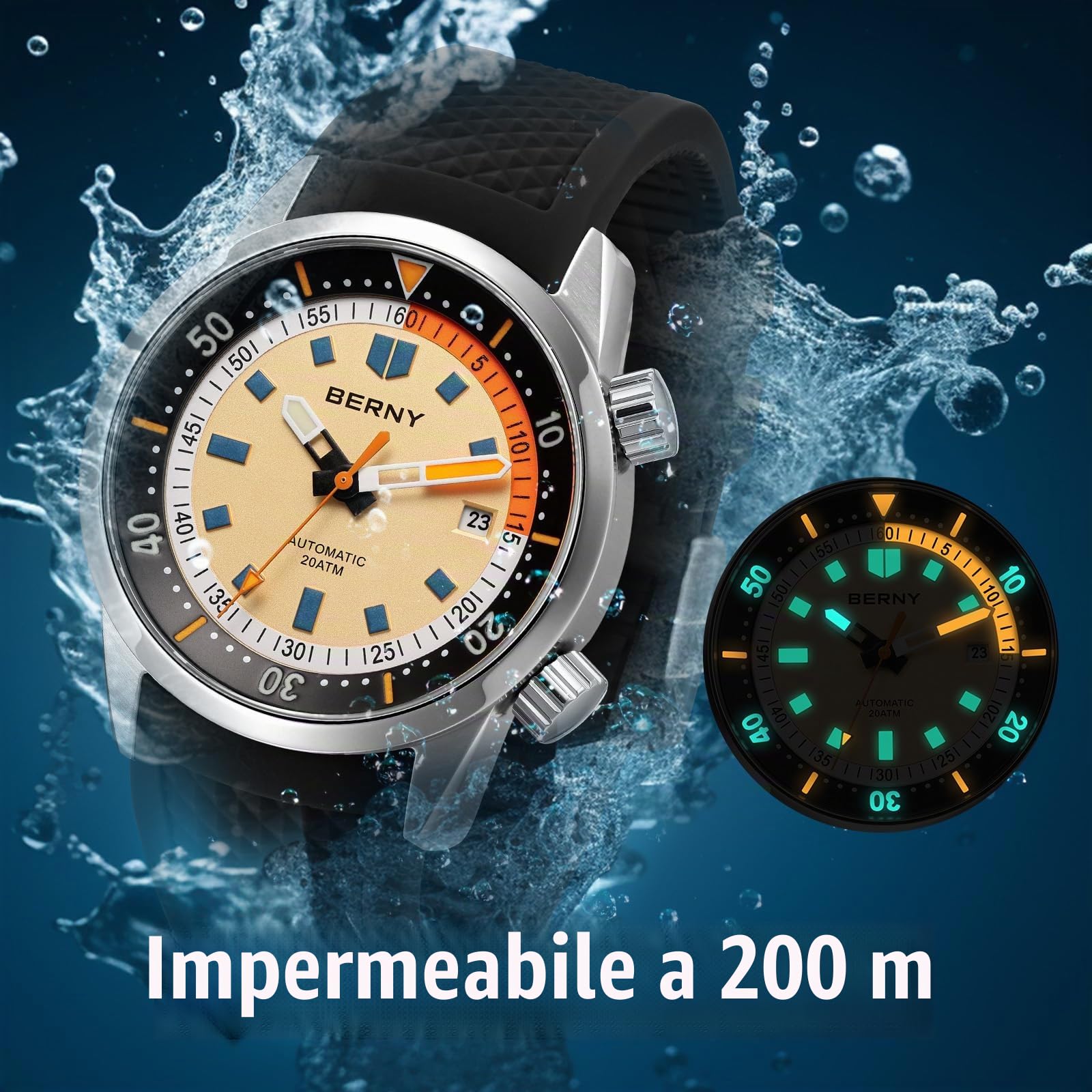 BERNY Orologio Subacqueo Per gli Uomini Orologio Meccanico Automatico 20ATM Orologio da Polso Vetro Zaffiro Confortevole Cinturino in Silicone Super Luminoso Orologi Maschili