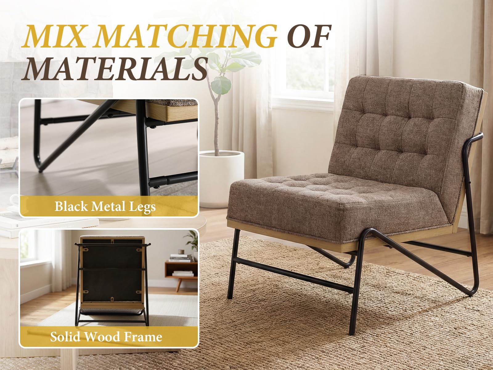 chairus Moderner Akzentstuhl aus Leinen mit Metallbeinen, gepolsterter Loungesessel für Wohnzimmer/Schlafzimmer/Leseecke, Mokka-Braun