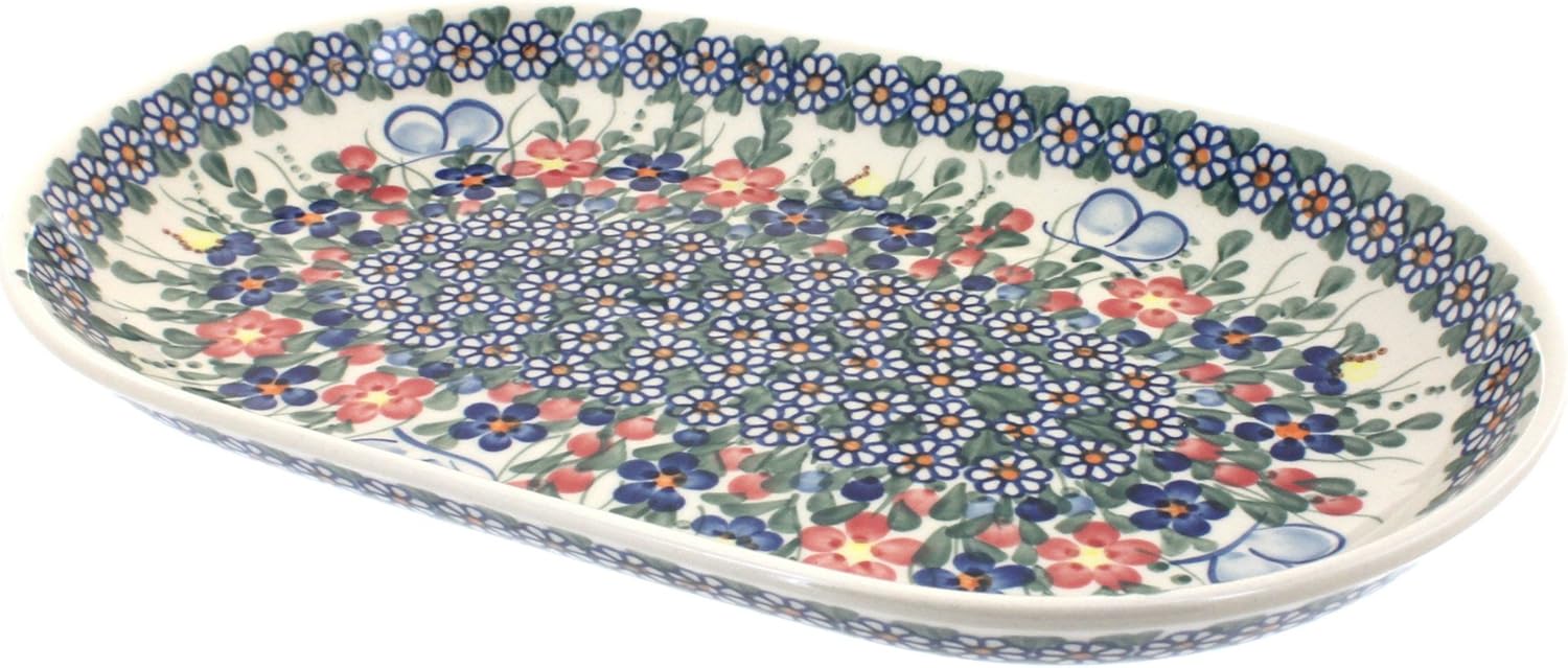 Blue Rose Polish Pottery - Brown Aztec Flower Large Oval Dish - 12.75" x 8" - Unique Platter for Dinner Parties, Very Durable & Dishwasher Safe