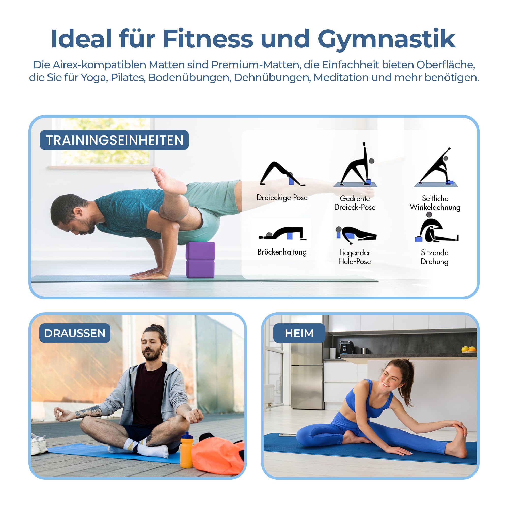 Habib Yogamatte Set mit Yogablöcken – Rutschfeste gepolsterte Fitnessmatte inkl. Tragetasche mit Schultergurt – 2er Set Blöcke für Pilates, Meditation & Erholung