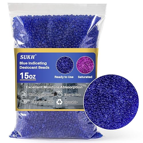 Sukh Cuentas desecantes de sílice azul 15.17 oz – Indicador de cuentas de gel de sílice de secado de cuentas de silicona desecante reutilizable