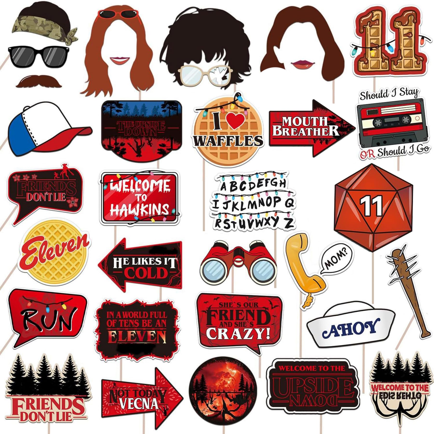 Red and Black Stranger Party Decorations Photo Booth Props, 34 Pcs Horror Forest Welcome to The Other Side Adventure Themed Photo Props Birthday Party Supplies