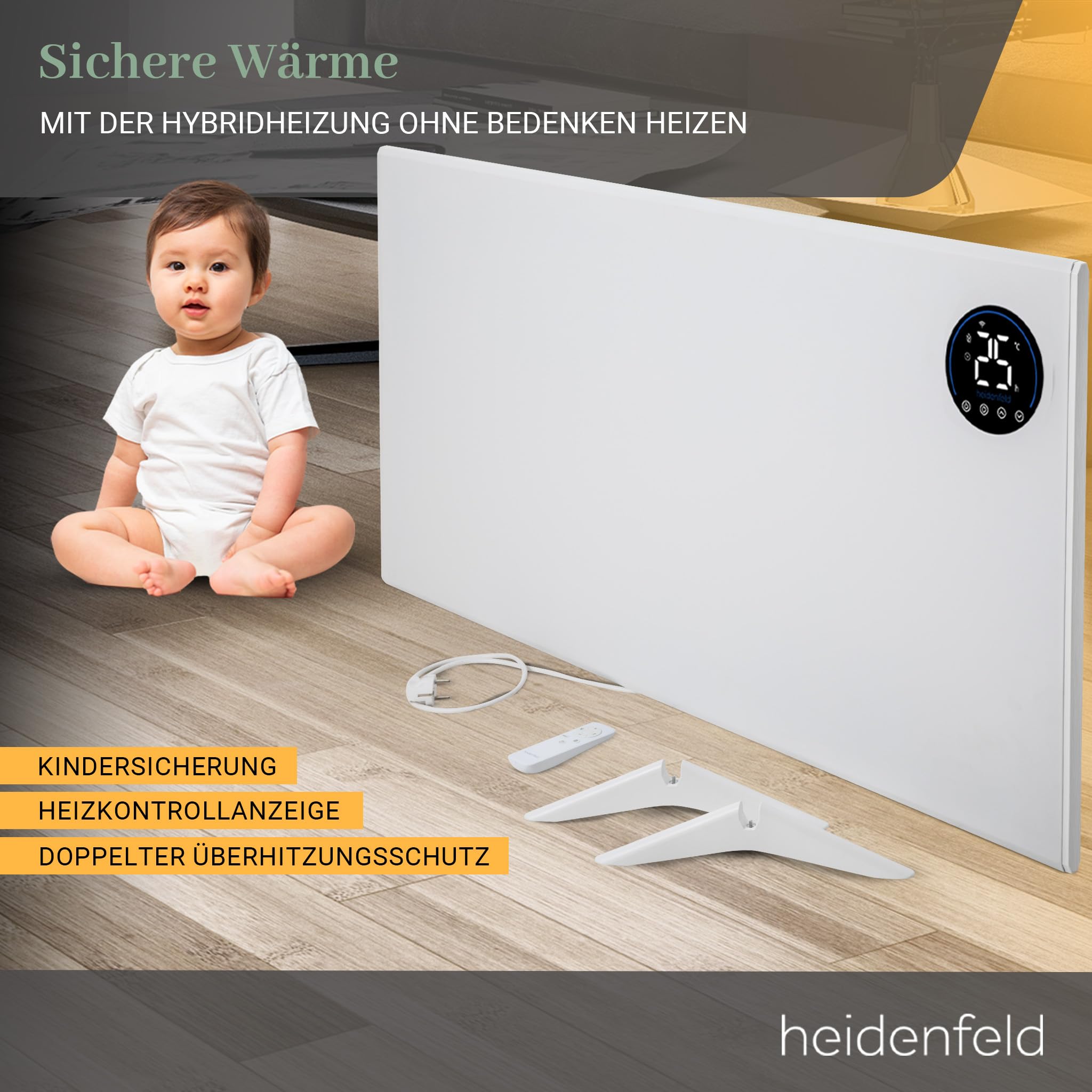 Heidenfeld Infrarotheizung & Konvektor HF-HP150 | 1000 Watt bis 25 m² | Hybrid Heizung | Steuerung via App | Fernbedienung | Touch-Bedienfeld | Infrarot Heizkörper mit Thermostat (HF-HP150 1000 Watt)