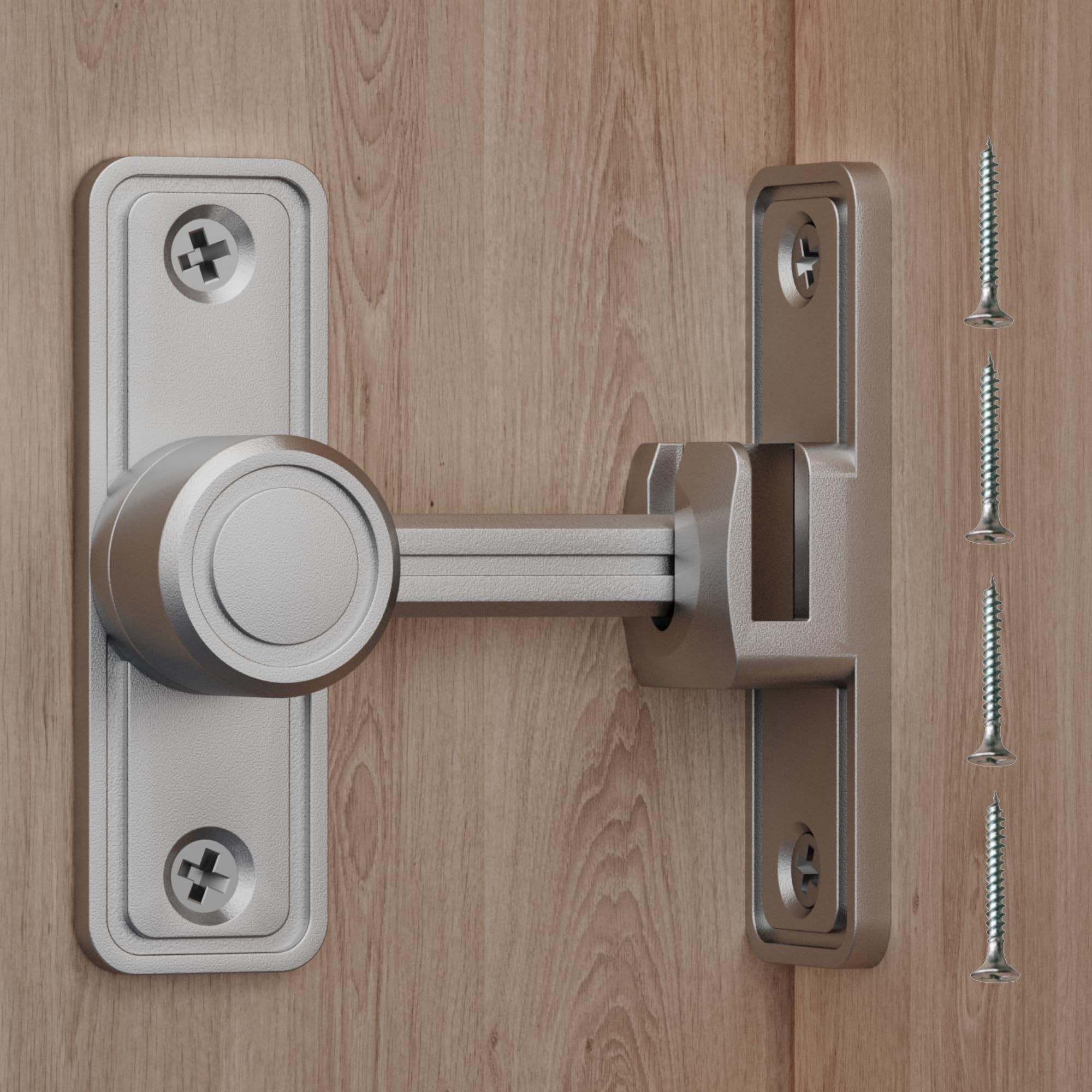 Barn Door Privacy Latch, 90°/180° Swing Slide Lock, Zinc-Alloy, Adhesive or Screw Mount, Interior Use for Bathroom/Bedroom/Closet/Shed, Includes Screws & Glue - Silver