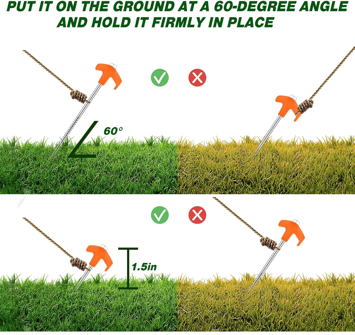 Hicarer 20 Pcs 12 Inch Tent Stakes Screw in Camping Stakes Heavy Duty Metal Spikes Ground Anchor Peg Threaded Tent Spikes with Hex Head Driver for Camping Garden Inflatable (Orange)