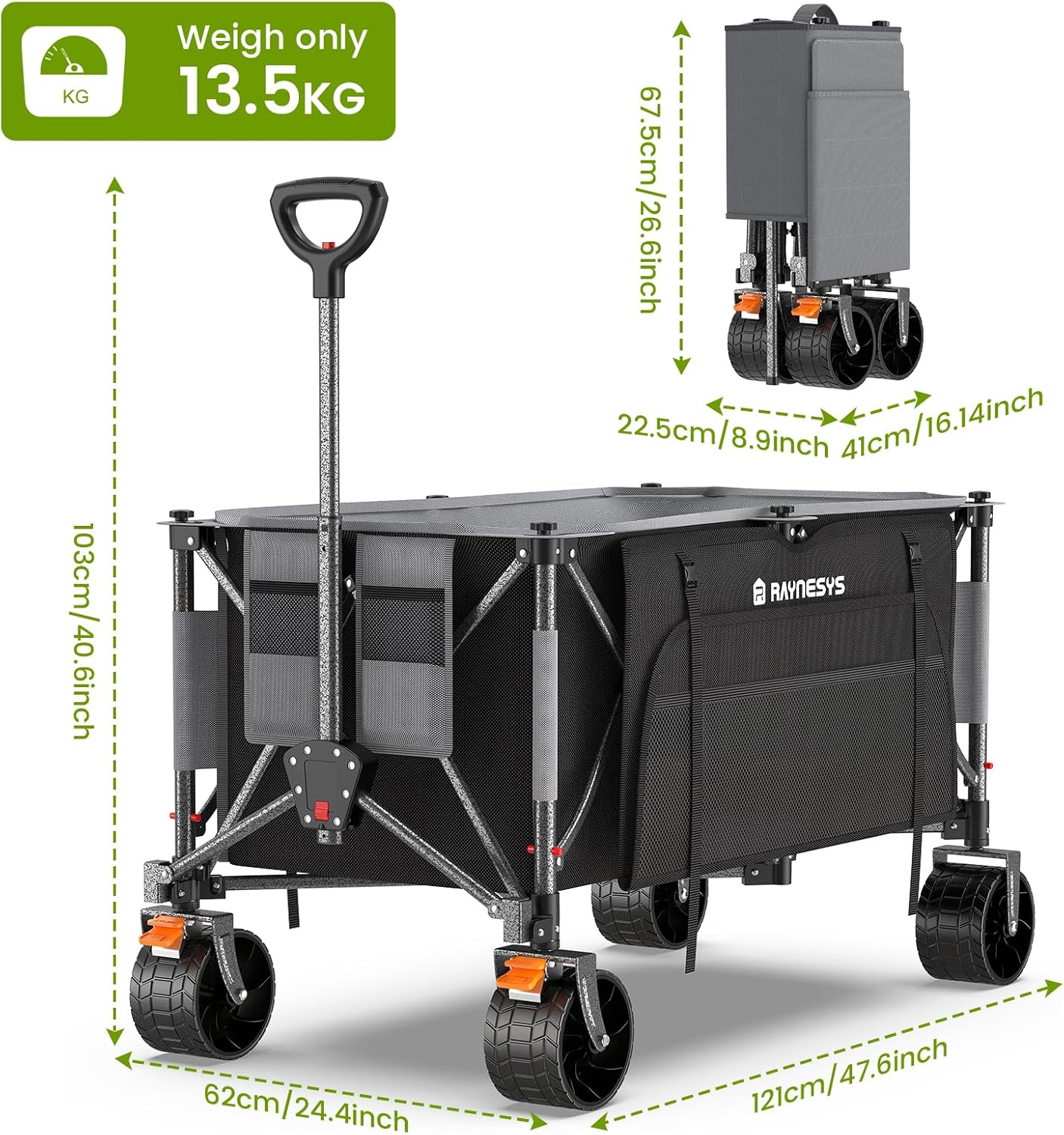 Raynesys 300L Collapsible Wagons Cart with Wheels Foldable, 440lbs Heavy Duty Folding Wagon, Upgraded Effortless Elegance, Foldable Wagon for Sports Beach Grocery Camping, Black & Gray