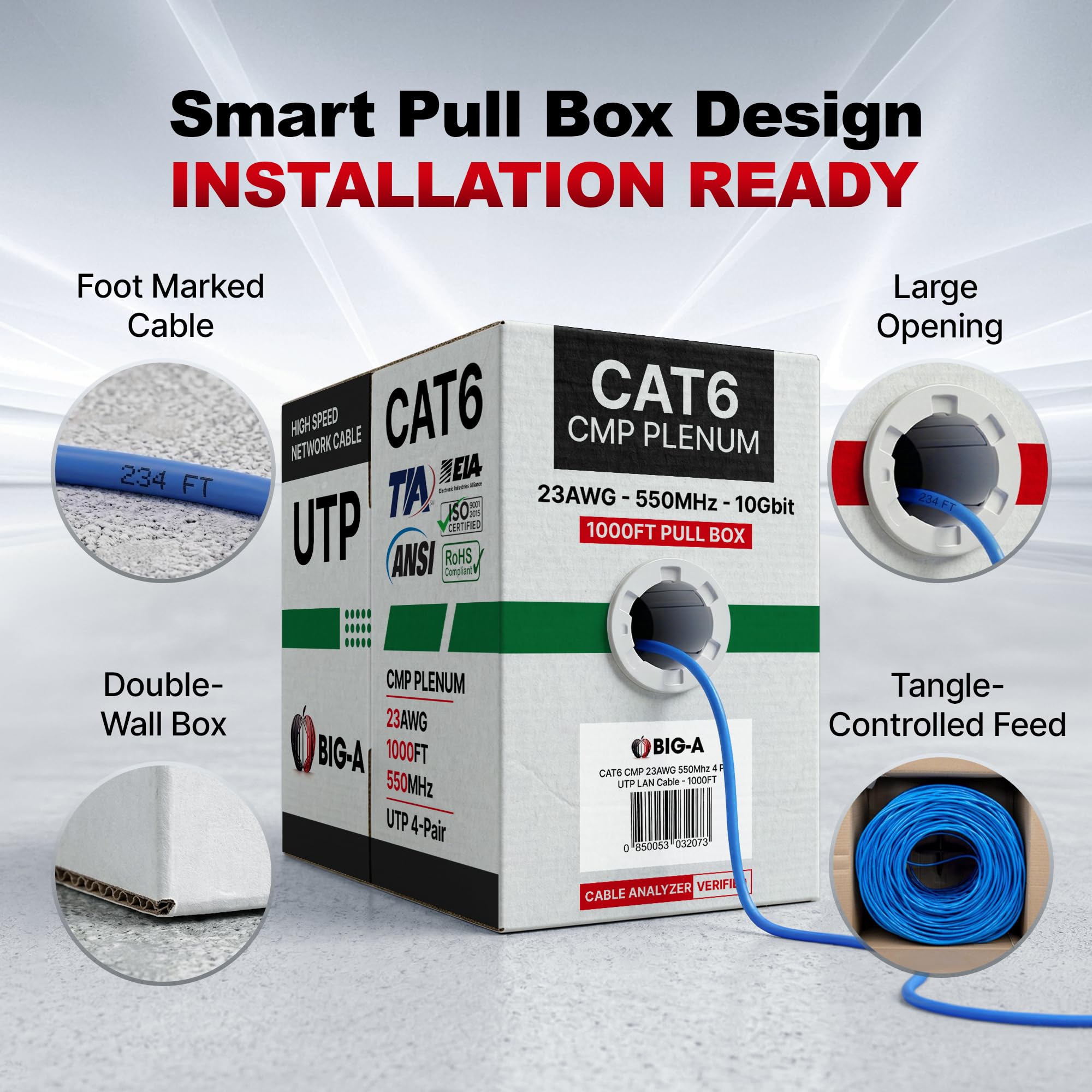 Big-A Plenum - Cavo Ethernet Cat 6, 305 m, Cat6 (CMP), 550 MHz, cavo Ethernet Bulk non schermato, UTP, 10 Gigabit, cavo di rete solido, colore: Blu
