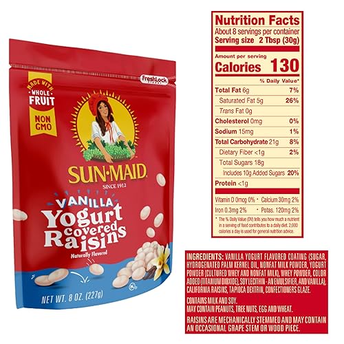 Miniatura 4 de Sun-Maid Pasas recubiertas de yogur de vainilla, paquete de 12, bolsa resellable de 8 onzas, aperitivo de frutas secas cubiertas de yogur