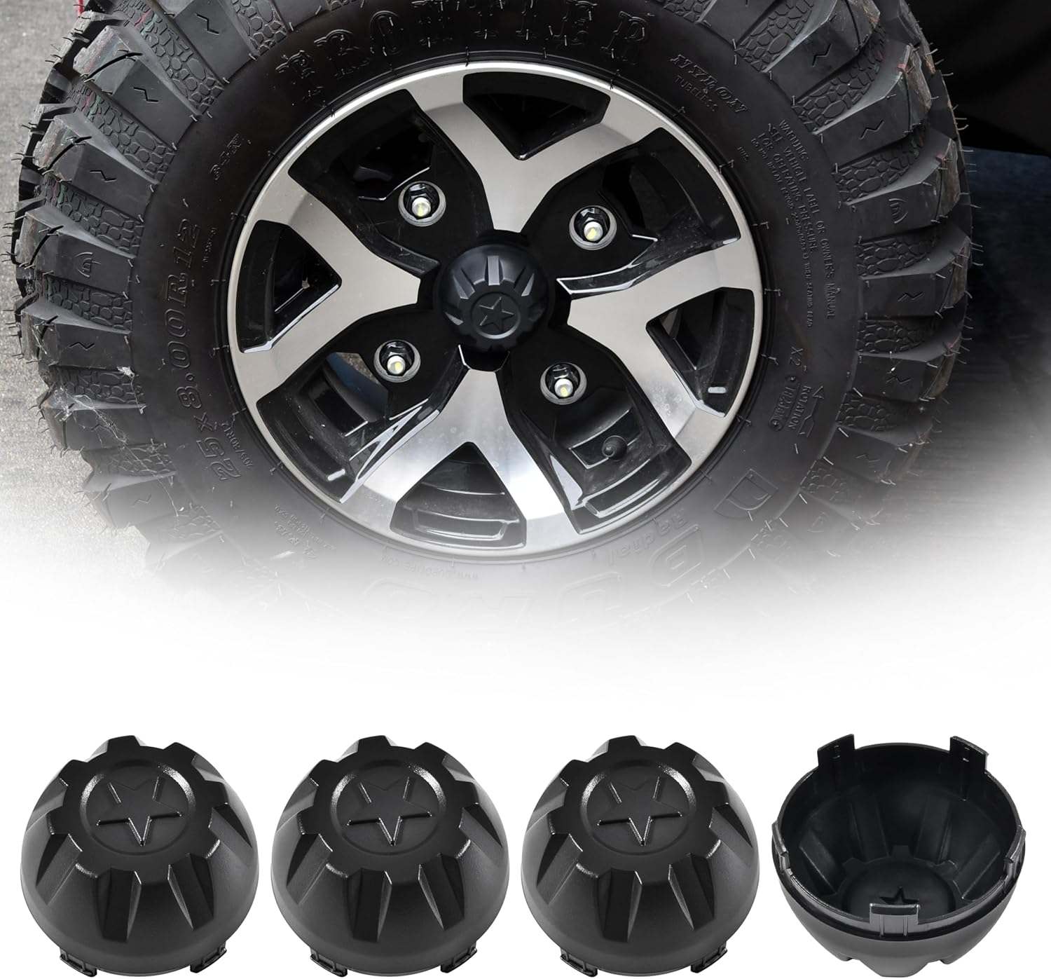Wheel Hub Caps for Kawasaki Mule PRO-MX EPS LE SE 2019-2025 Accessories, Black ABS Plastic Dust Tire Wheel Center Hub Caps Covers Replace #11065-Y042 (4 PCS)