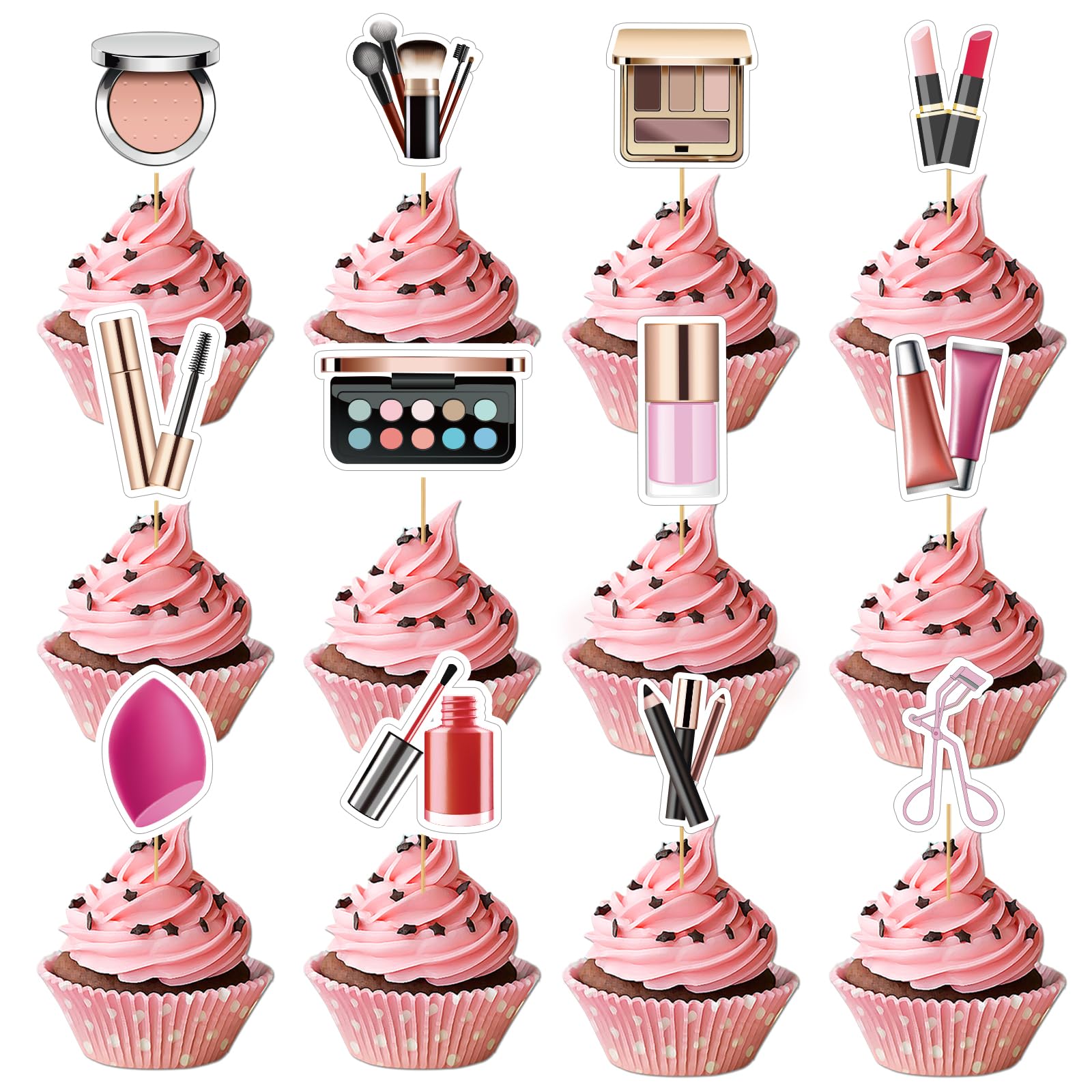 24PCS Makeup Cupcake Toppers - Makeup Cupcake Toppers for Girls Make-up Birthday Party Decorations Cosmetics Cake Toppers Make Up Party Supplies for
