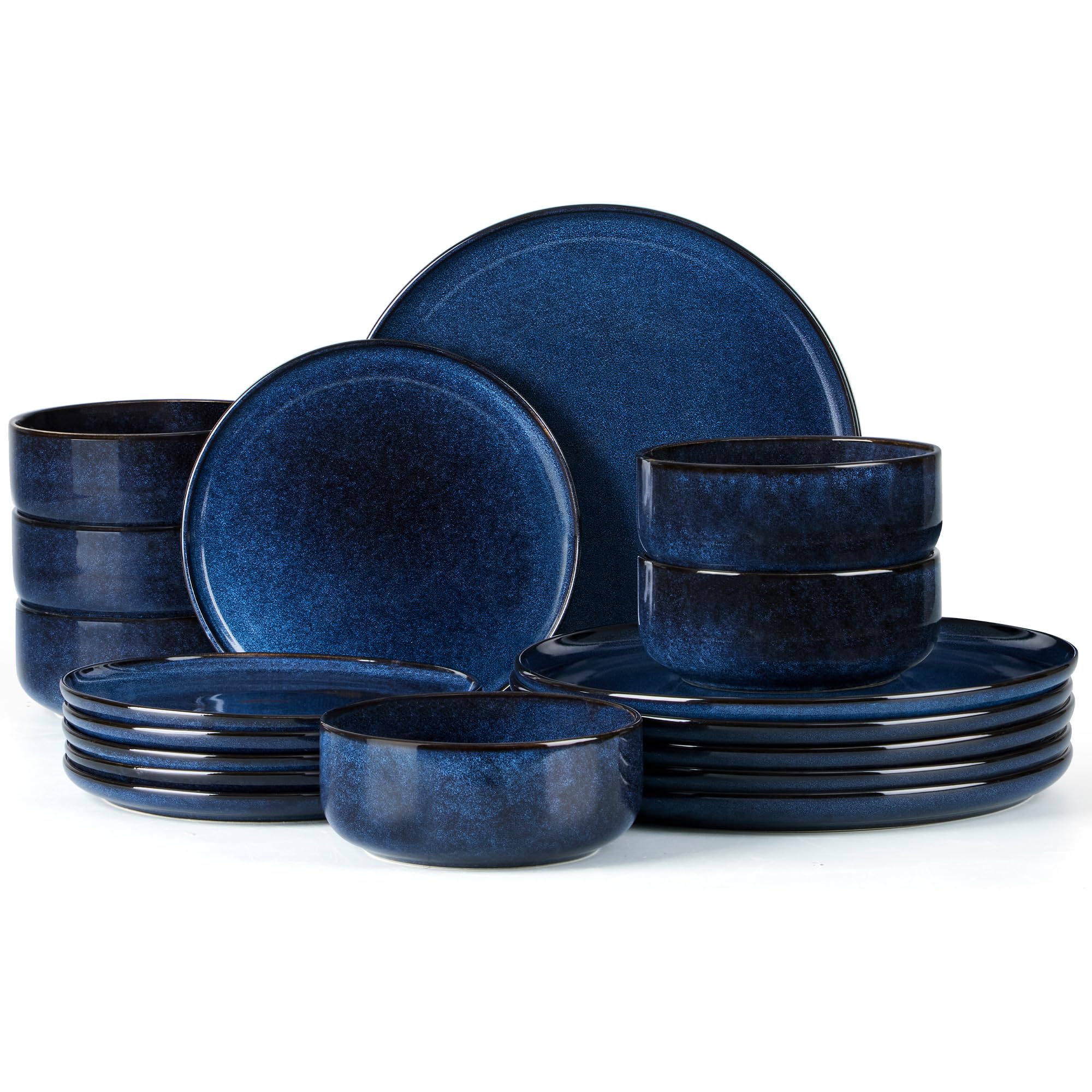 Joyfair Geschirrset 6 Personen, 18-tlg Steinzeug Tafelservice Set, Kratzfest Reaktive Glasur Geschirr Set mit Speiseteller, Dessertteller, Müslischalen, Mikrowellen- & Spülmaschinenfest, Tiefsee Blau