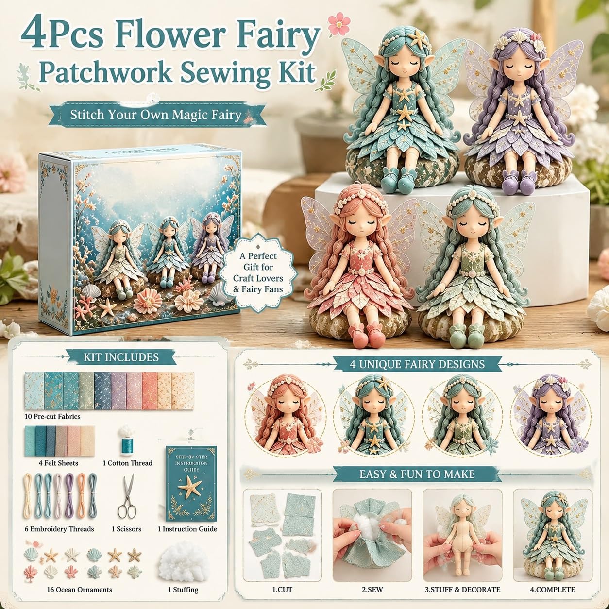 Colección De Bricolaje Patchwork, Muñeca De Tela Alada DIY, Divertido Kit De Costura Hecho A Mano, 4 Muñecas De Tela Aladas Hechas A Mano, Materiales De Costura Completos(A)