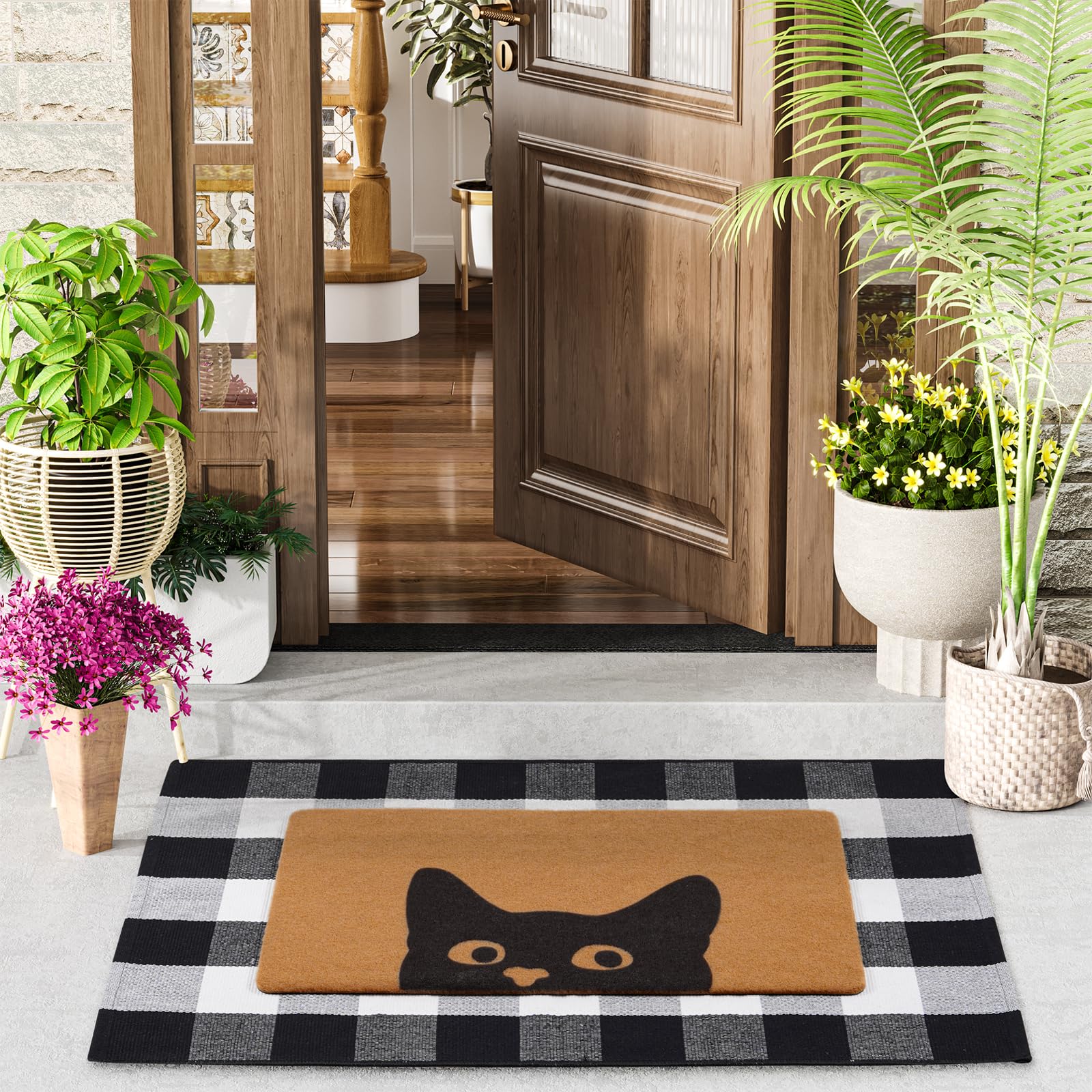 Welcome Door Mat Combo Set Plaid 28x43 And Cat 17x30 Inch Front