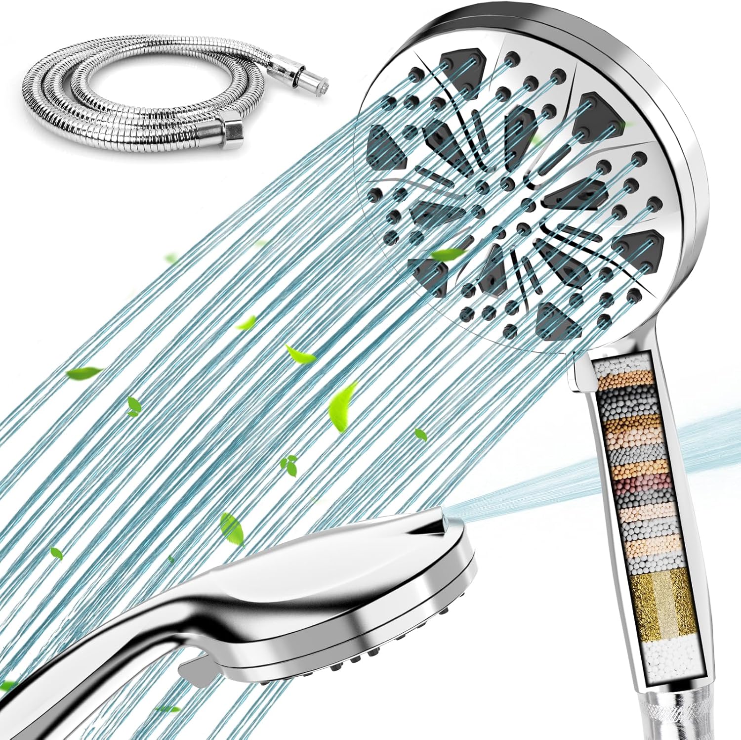Filtered Shower Head, 10 Modes High Pressure Shower Head with Hose without Bracket, Detachable Shower Head with Filters for Skin Hair Care, Power Wash to Clean, 59" hose