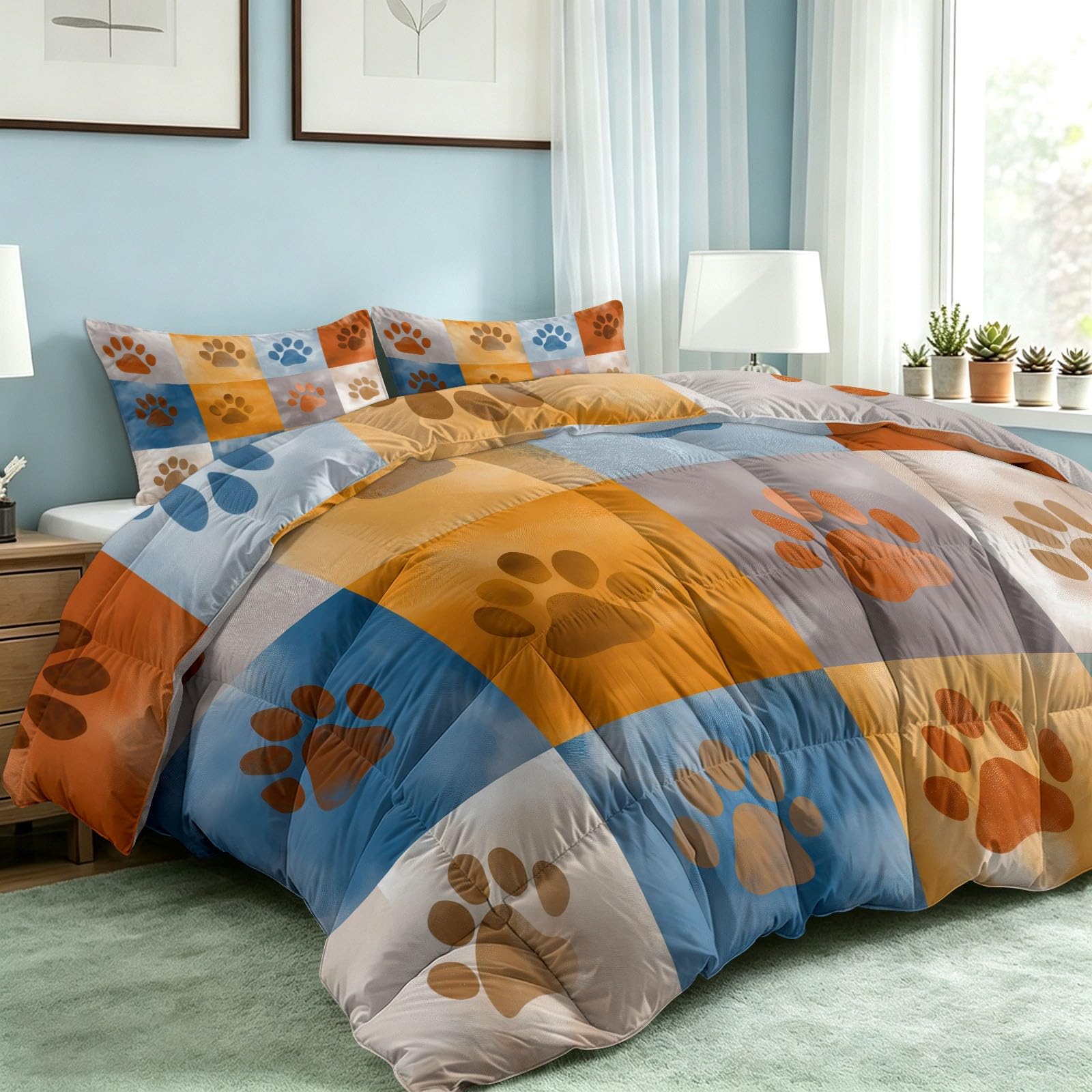 Sommerdecke ohne bezug 155x220 cm Braun Modern Cartoon Stil Antiallergisch Leichtsteppbett & Ganzjahresdecke - Waschbar mit 2 Kissenbezügen Tiere Pfotenabdrücke Weiche und Atmungsaktive Wende