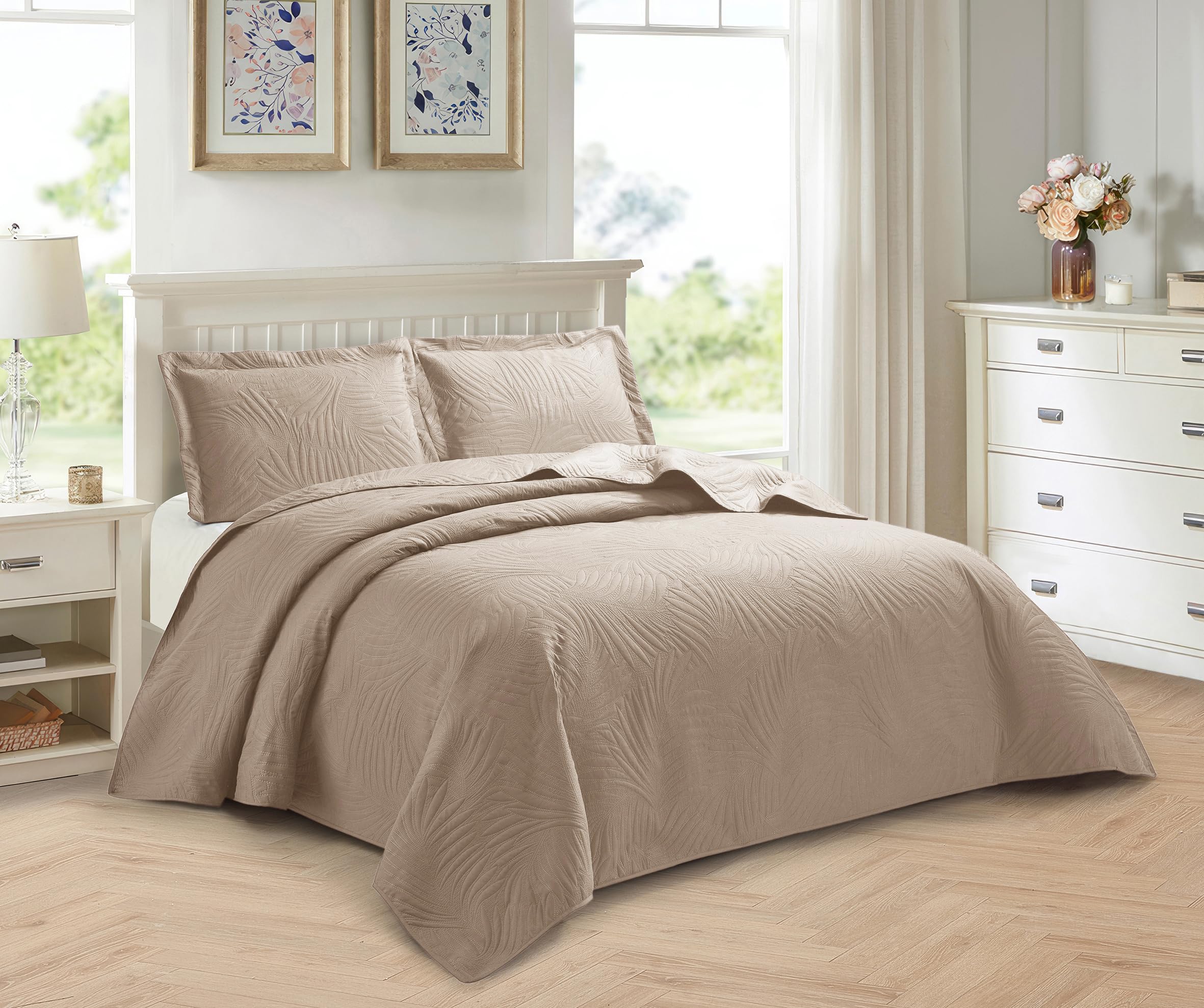 PRIME LINENS 3 Piece Quilted Bedspread Embossed Leaf Pattern Bedding Set Bed Throw with Pillow Cases Machine Washable (Mink, Super King)