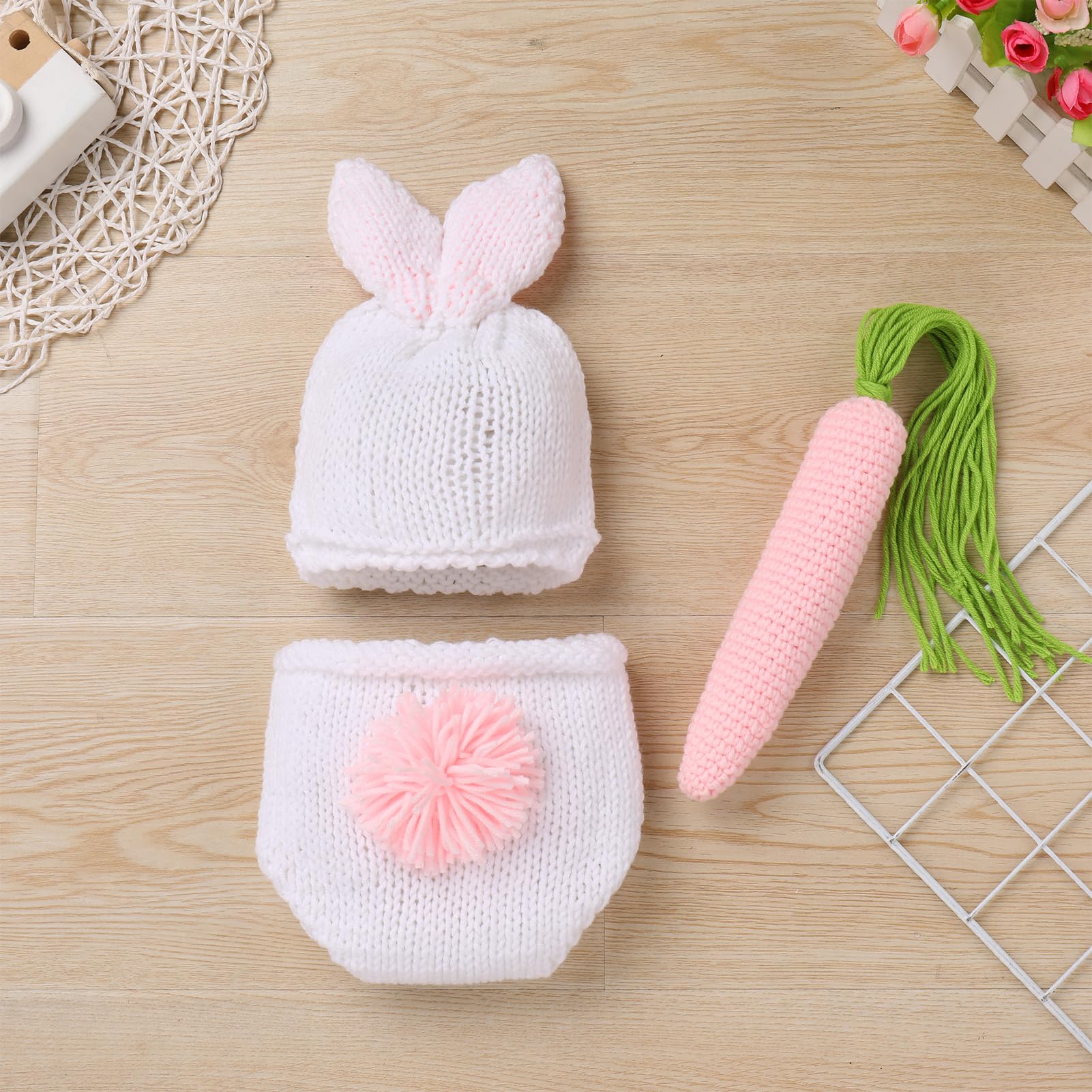 IMEKIS Newborn Baby Easter Bunny Photography Prop Costume Crochet Knit Hat Diaper Carrot 1st Birthday Outfit Set for Boy Girl White Bunny Photoshoot