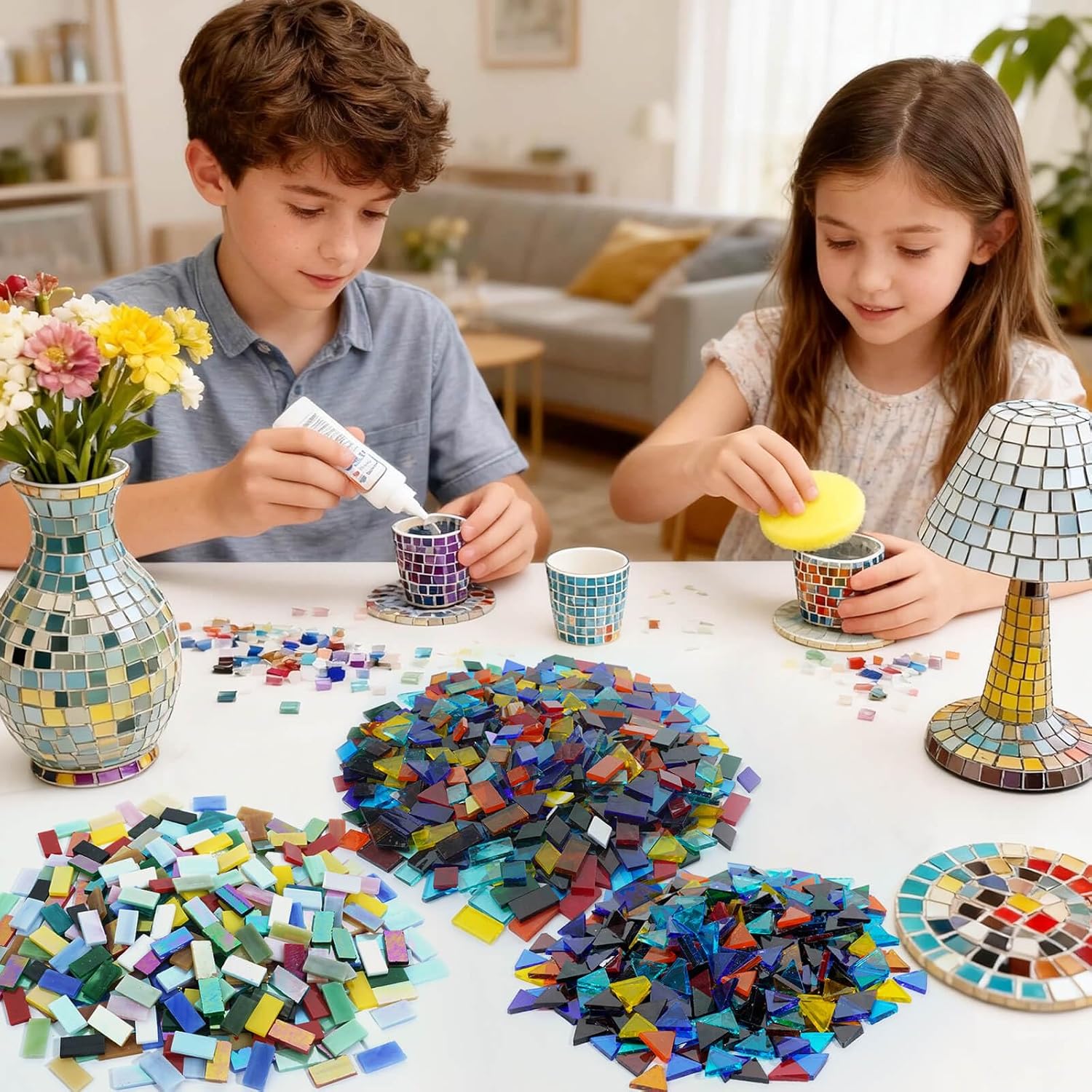 LITMIND 2800 Pcs Iridescent Stained Glass Mosaic Tiles – Assorted Colors, 4 Shapes (Square, Rectangle, Diamond, Triangle) Bulk Mosaic Glass Pieces for Crafts & DIY Art Projects