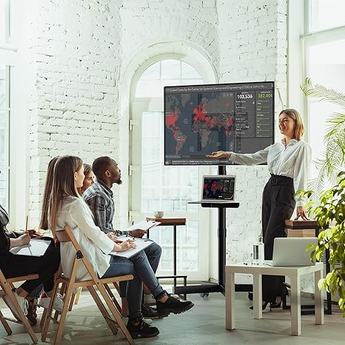 Miniatura 9 de BONTEC Soporte de TV móvil con inclinación, carrito de TV rodante con estante multimedia y ruedas, se adapta a televisores LED de 23 a 60 pulgadas,