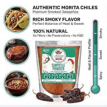 Chipotle Chili Powder Seasoning 4oz Natural and Premium. Great For Meats, Grilling Rubs, Sauces, Salsa. Medium to High Heat - Sweet & Smoky Flavor. By Amazing Chiles & Spices. | Medium to high heat. Robust smoky flavor. Perfect for BBQ rubs, grilled meats, sauces & salsa. All natural. Resealable bag.
