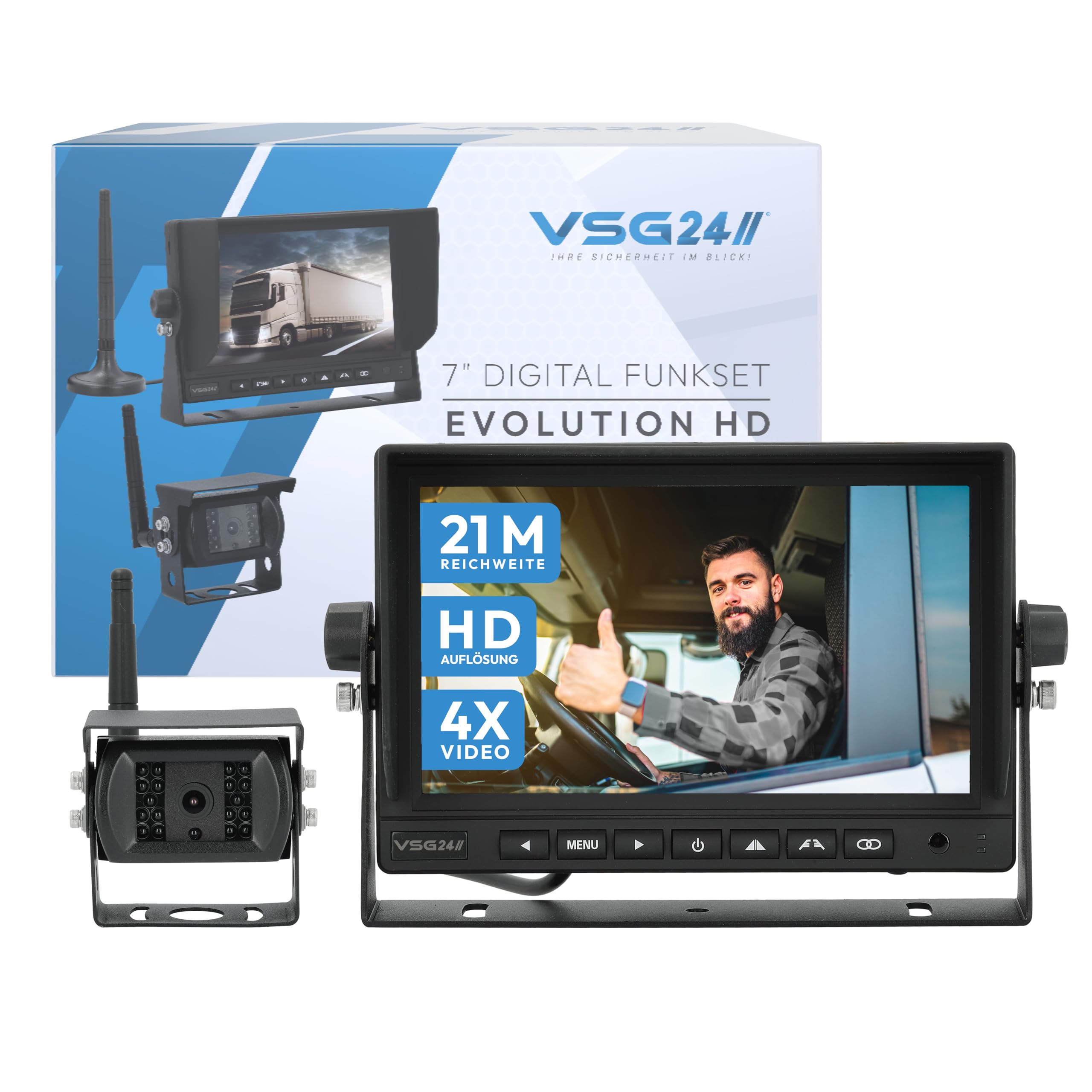 VSG24 7“ Evolution HD Funk Rückfahrsystem für Wohnmobil & LKW, KFZ Set kabellos inkl. Rückfahrkamera + Monitor, einfach zum DIY Nachrüsten 12V-24V, Kamera digital, Auto Rückspiegel Einparkhilfe