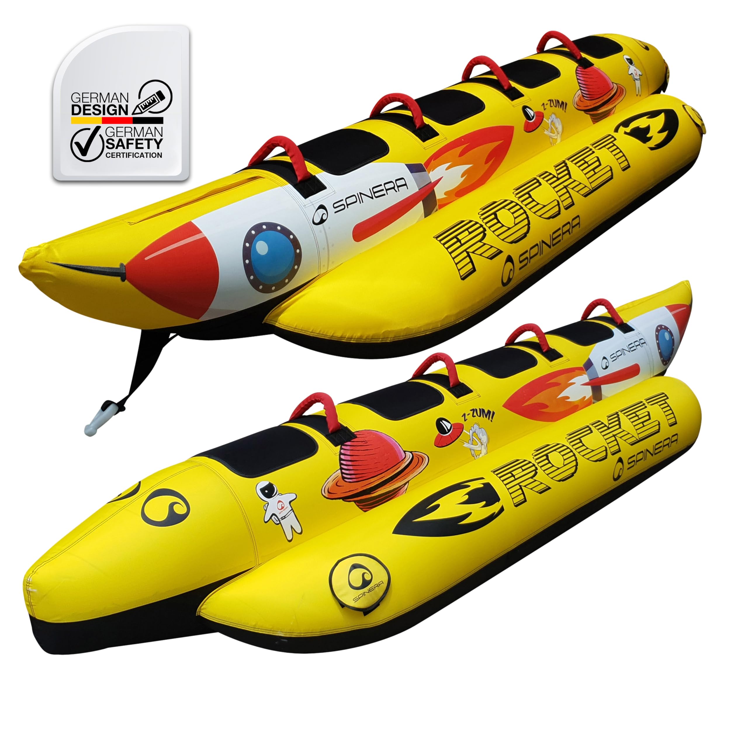SPINERA Rocket 2 3 4 Towable Banana Tube für 2–4 Personen aufblasbares Wassersport-Tube Neopren-Handgriffe Nylonhülle 3-Kammern-System