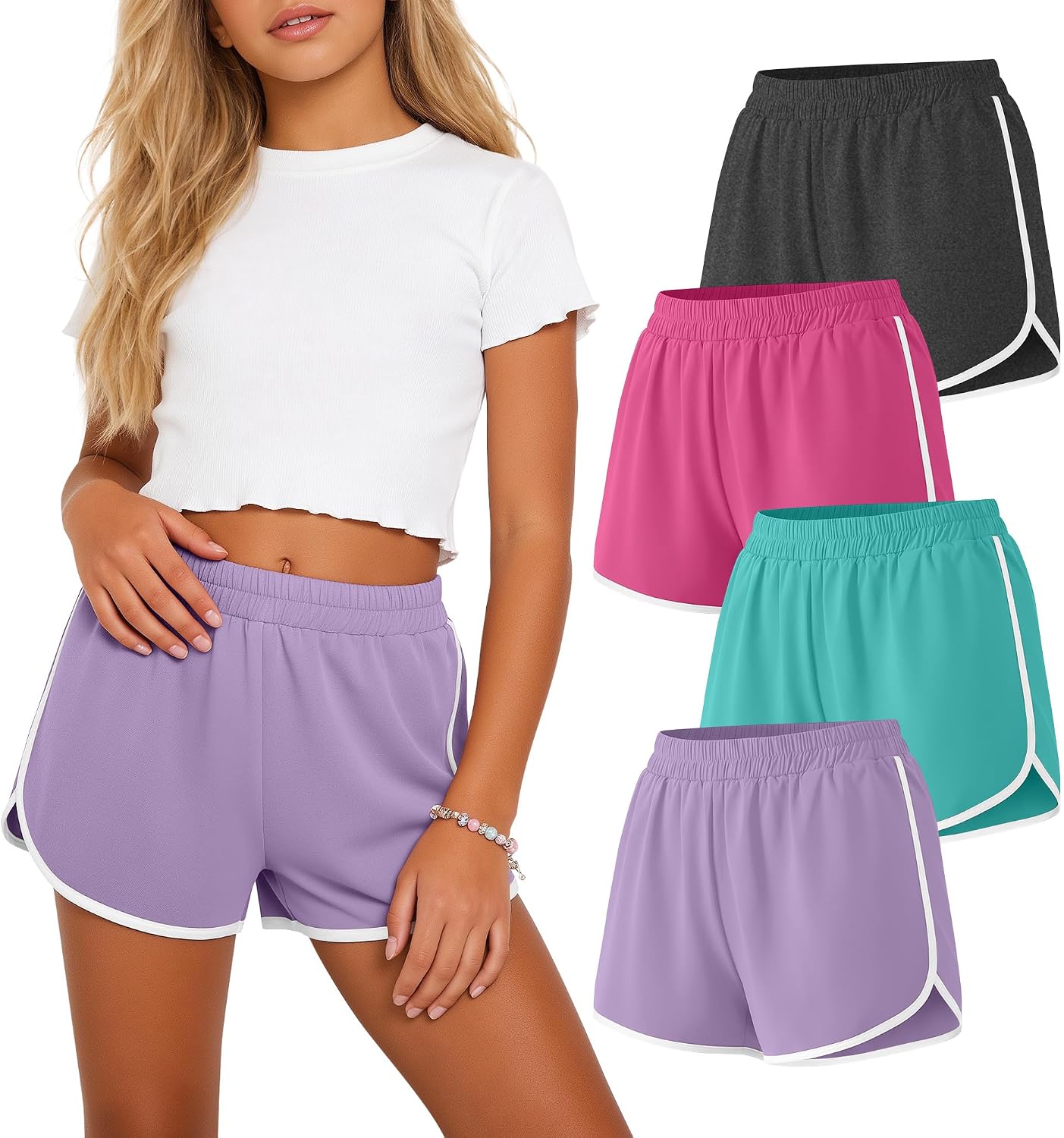 4 Pack Girls Shorts Athletic 5-16Y Soccer Running Workout Dolphin Active Shorts with White Border for Kids Summer