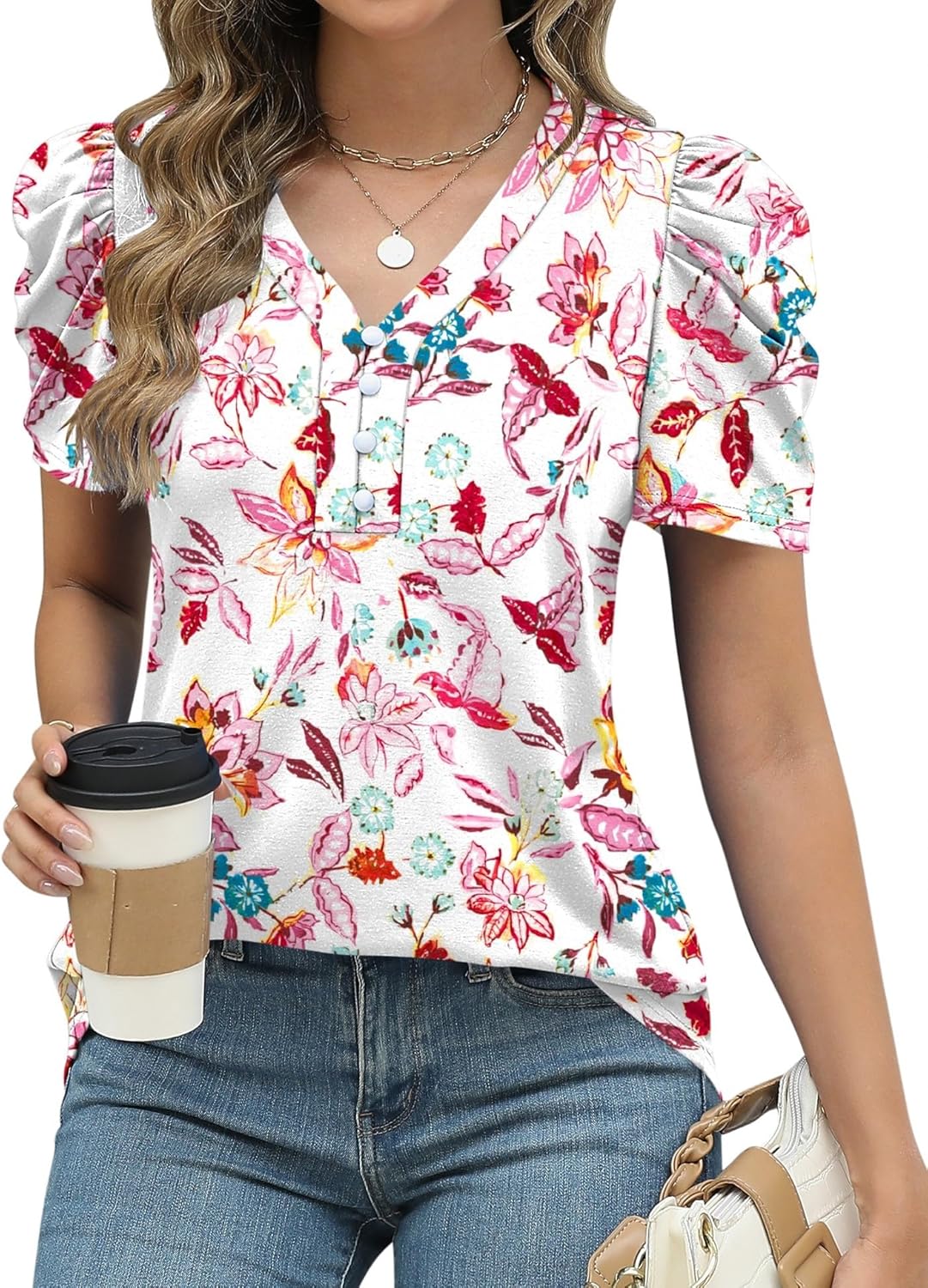 LOMON Womens Puff Short Sleeve Shirt Summer Tops V Neck Casual T Shirts Loose Fit Blouses
