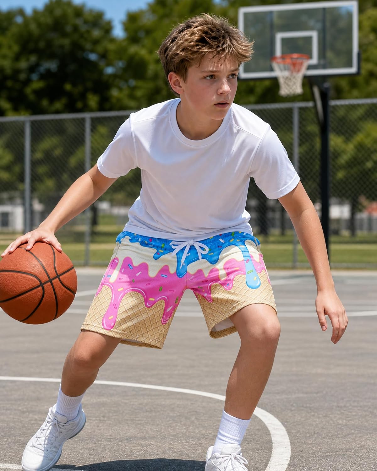Ice Cream Shorts Boys Athletic Shorts Kids Basketball Mesh Quick Dry Shorts for Boys Outdoor Running Gym Size 7-14