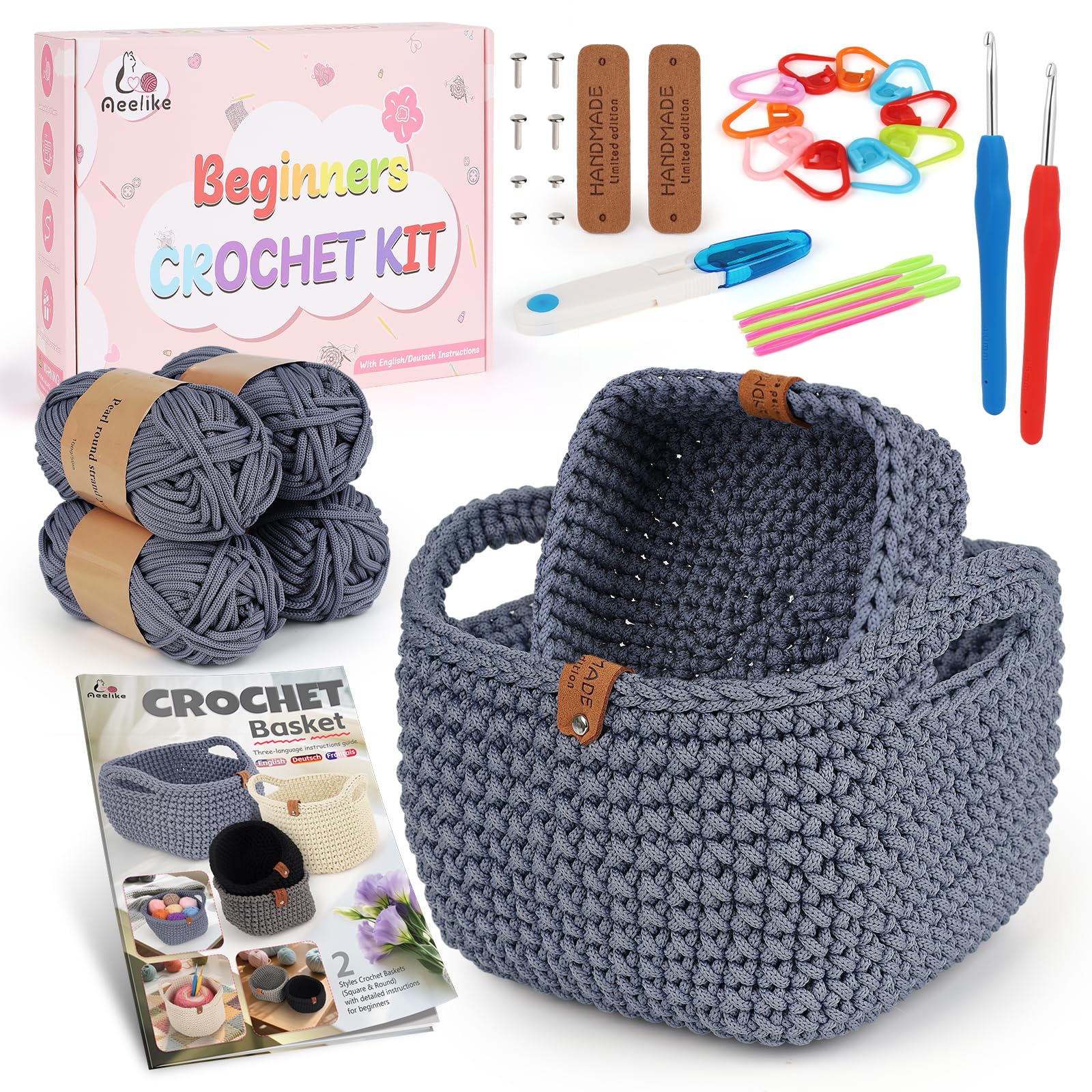 27PCS Crochet Basket Kit for Beginners,Grey Square Basket,Gift Box Package