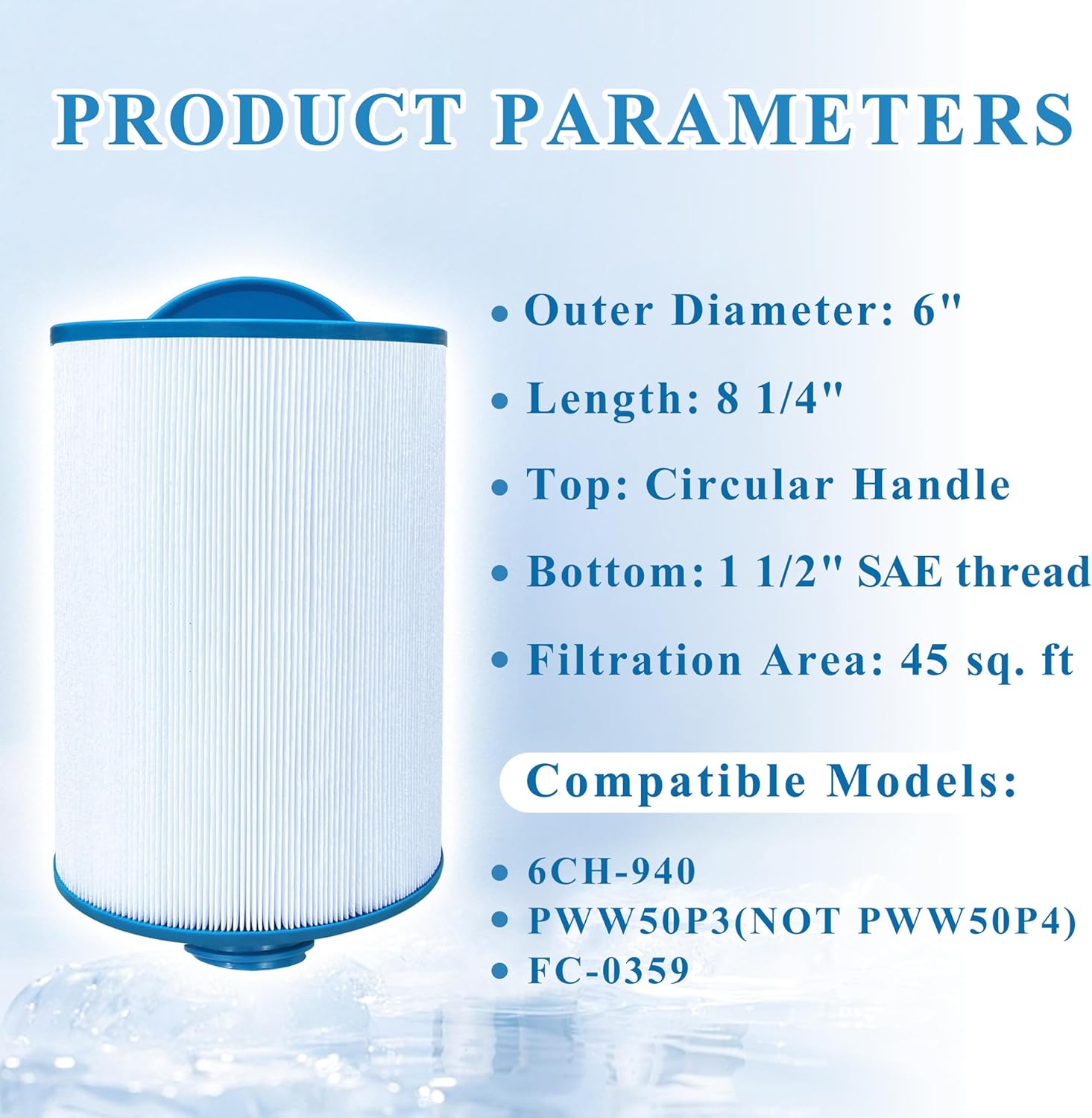 Spa Filter Compatible with 6CH-940, FC-0359, PWW50P3 (1 1/2" Coarse Thread), 817-0050, 25252, 03FIL1400, SAE Thread, 45 sq.ft., 2 Pack - Image 2
