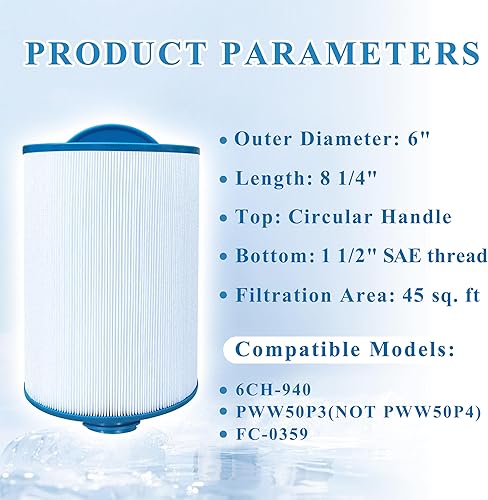 Miniatura 2 de Filtro de spa compatible con 6CH-940, FC-0359, PWW50P3 (rosca gruesa de 1 12 pulgadas), 817-0050, 25252, 03FIL1400, rosca SAE, 45 pies cuadrados,