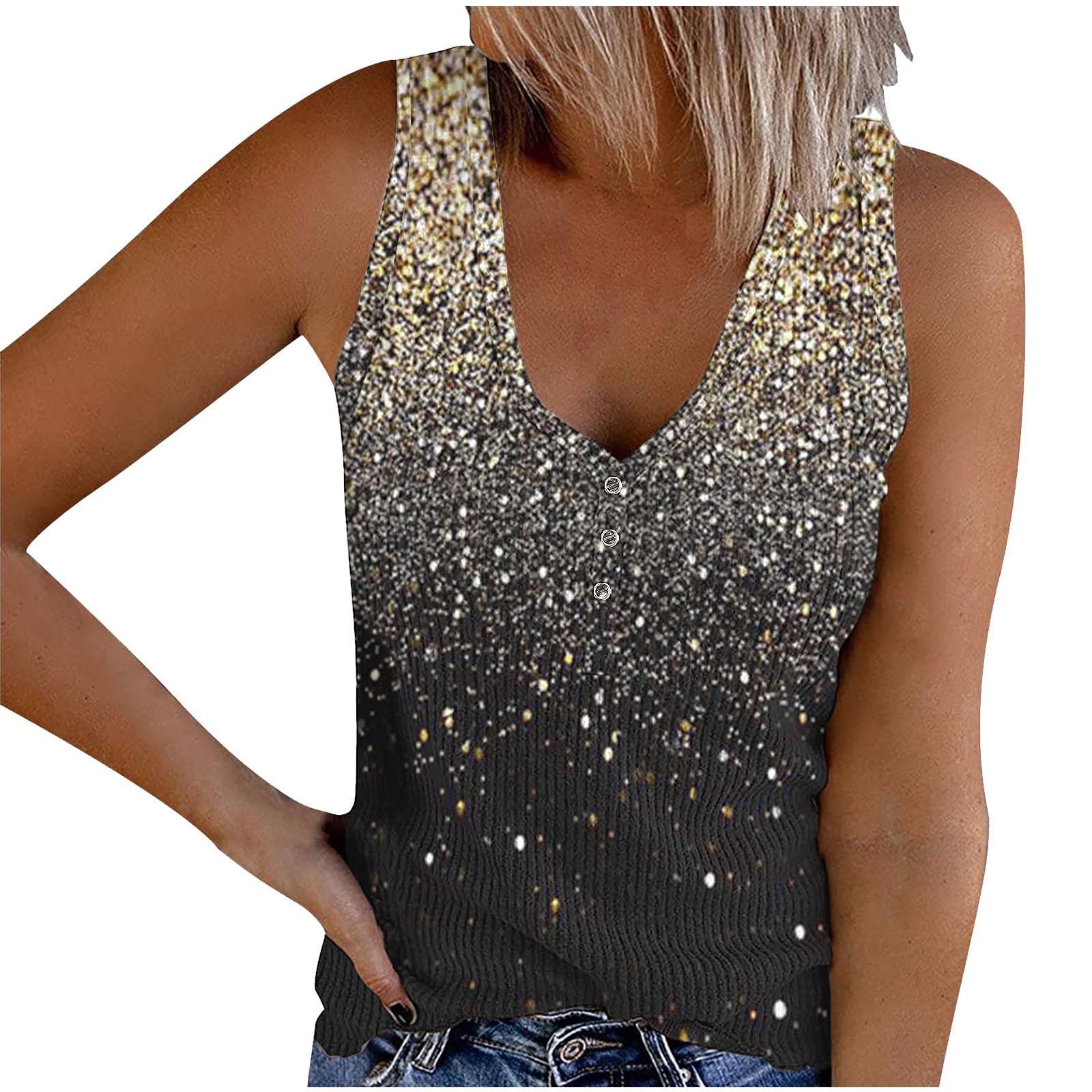HAOLEI Camiseta Tirantes Mujer,Casual Chaleco Mujer de Cuello en V con Botones Elástica Sin Manga Camisetas Mujer Verano con Estampado Brillante Informal Multicolor Playa Sleeveless T-Shirts