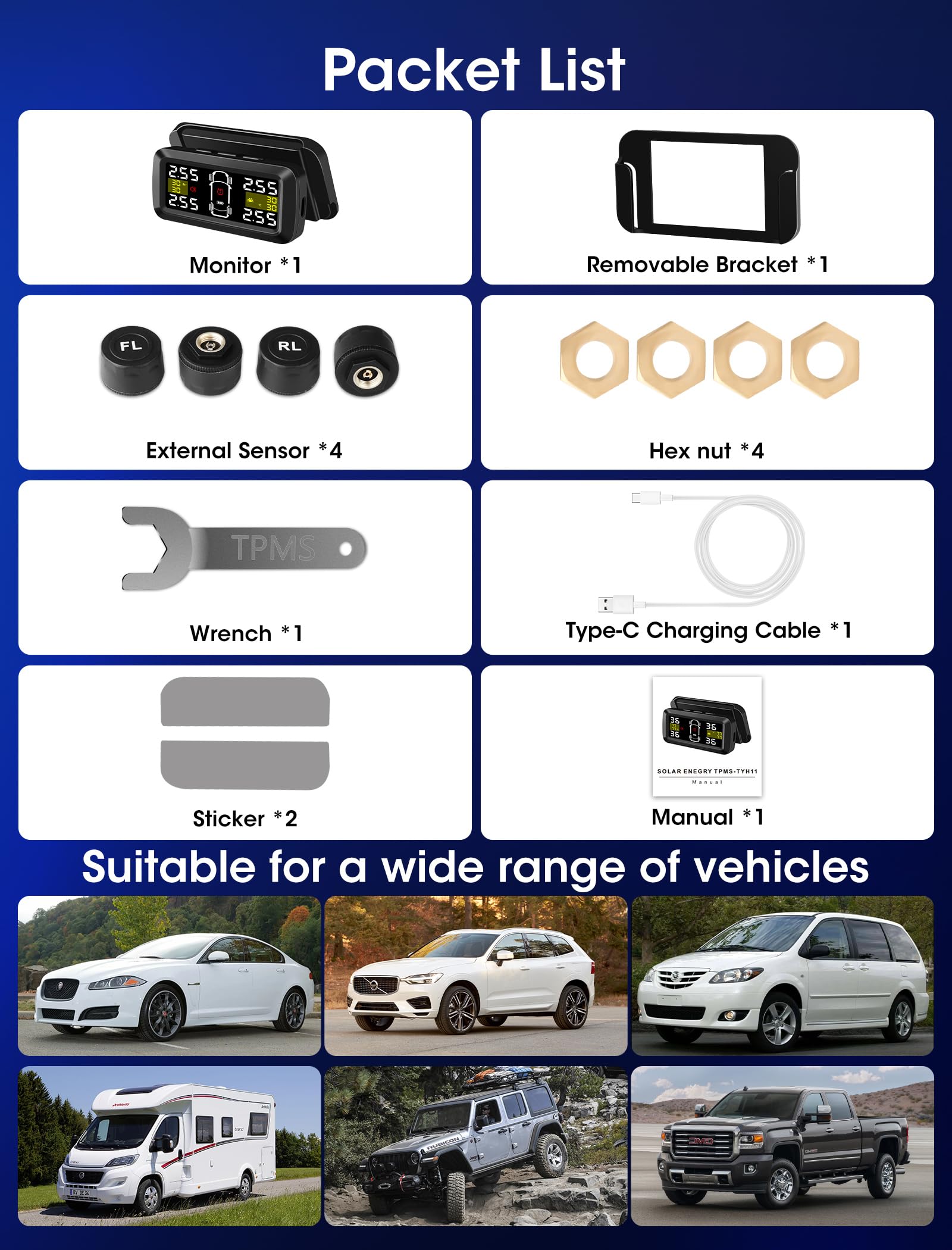 Vtopek TPMS Reifendruckkontrollsystem 3,5-Zoll Solar Reifendruckkontrollsystem mit 4/2-Rad-Modi 0,01 Bar Hochpräzise Abnehmbare Wireless TPMS Echtzeiterkennung Reifendrucksensoren Auto für Van SUV
