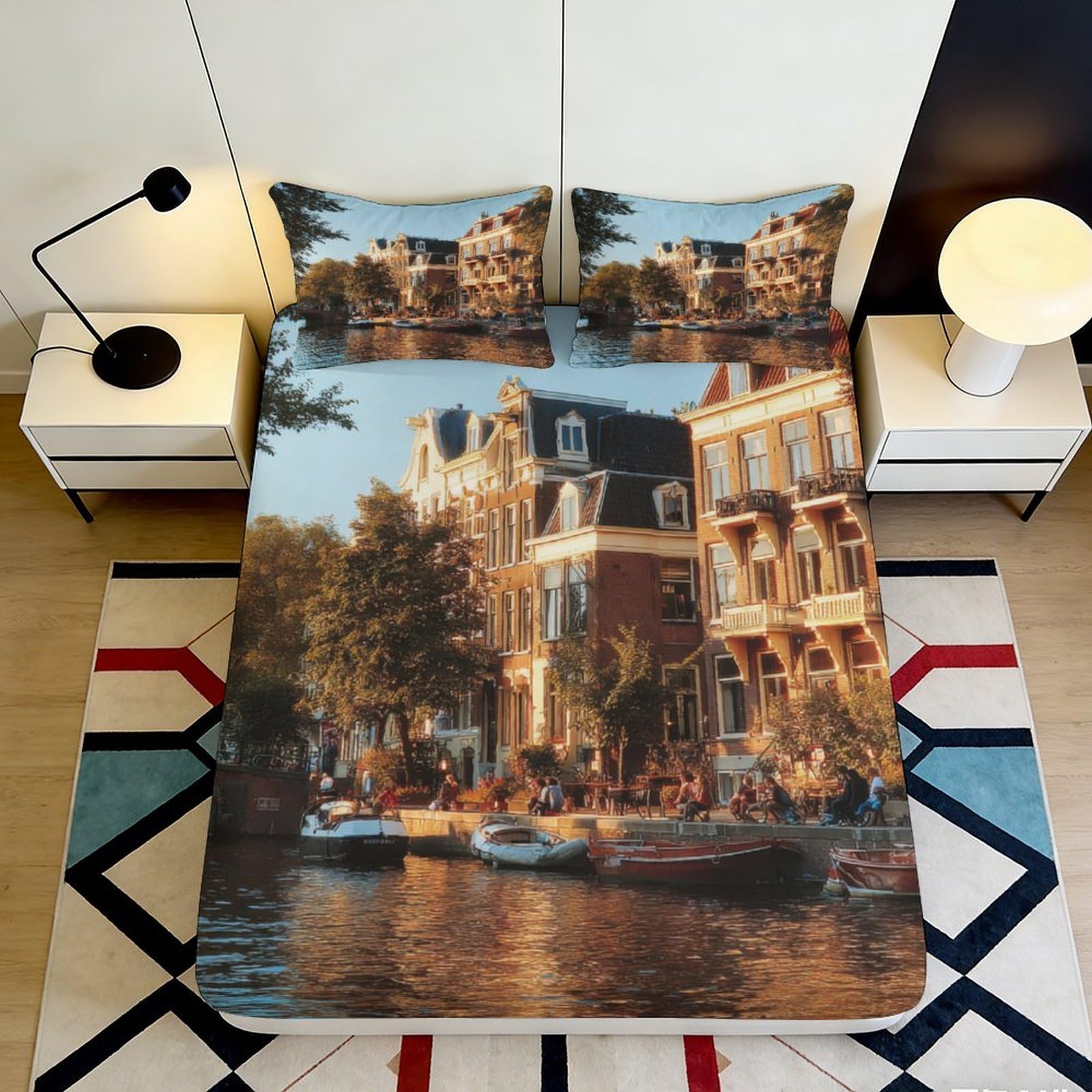 3D Printed Amsterdam Canal Fitted Sheet Microfiber Cityscape Bed Cover Scenic Mattress Decor for Bedroom Guest Room 90x200x25cm